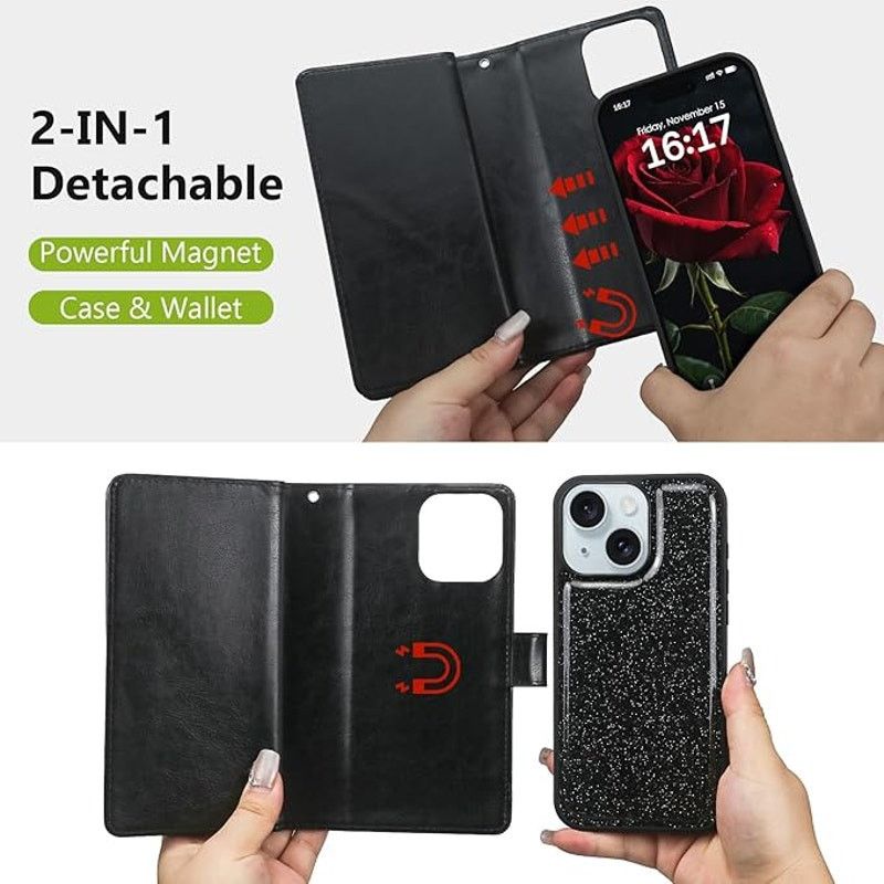 Other iPhone 16 Pro Black Glitter Phone Case W Detachable Wallet Size ONE SIZE - 8 Thumbnail