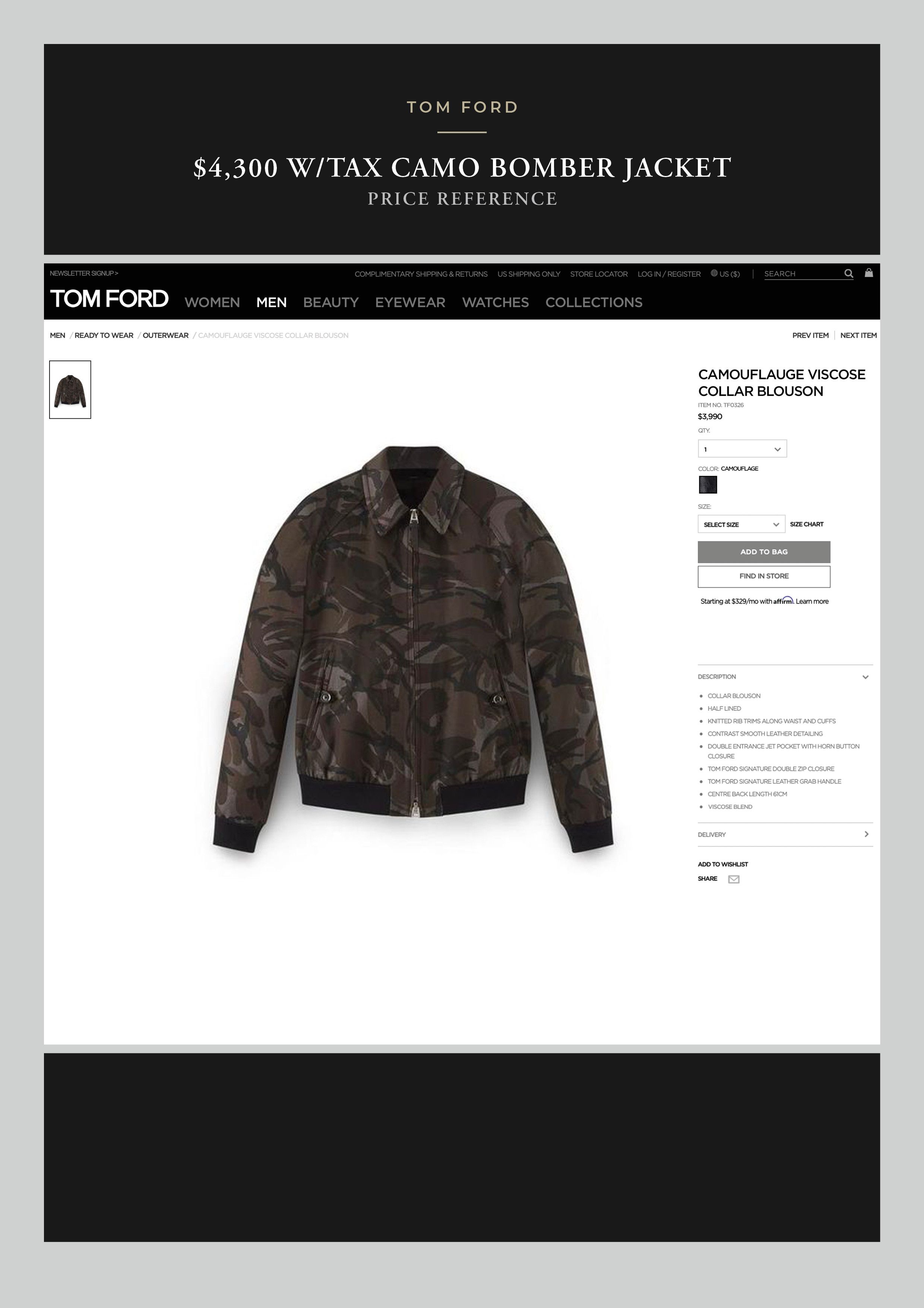 Tom Ford Effortless Cool, $4,300 w/tax TOM FORD Viscose Camo Jacket Size US M / EU 48-50 / 2 - 4 Thumbnail