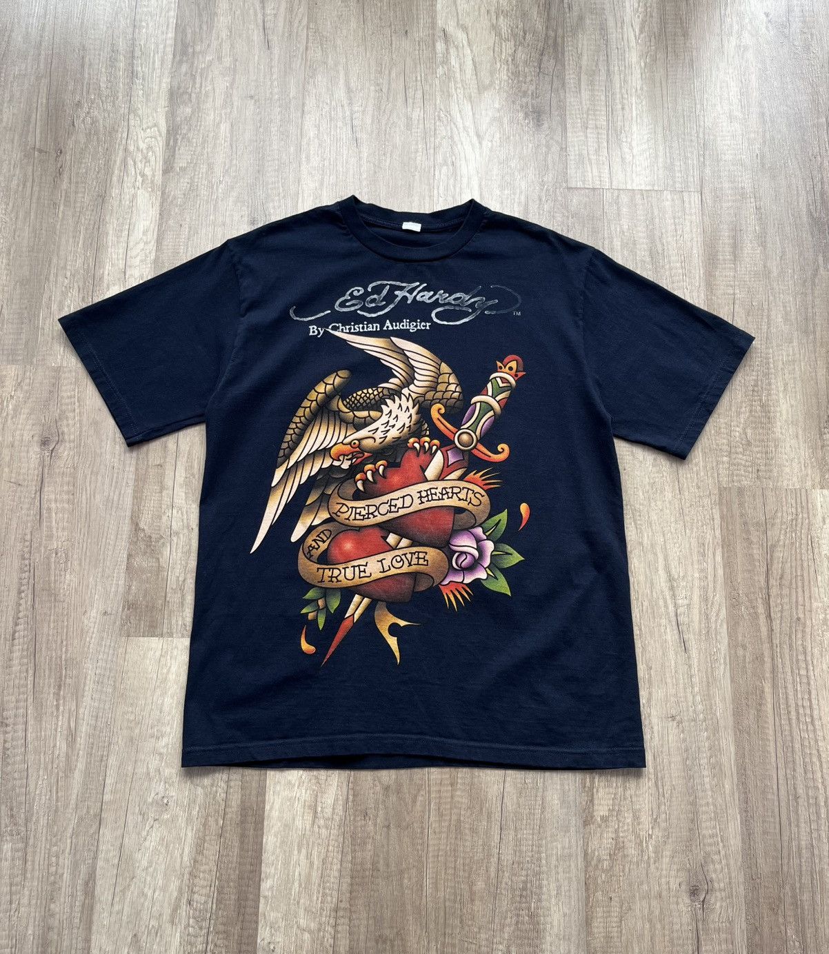 Ed Hardy × Japanese Brand Ed Hardy Pieced Hearts and True Love T-Shirt Navy Blue Size US L / EU 52-54 / 3 - 1 Thumbnail