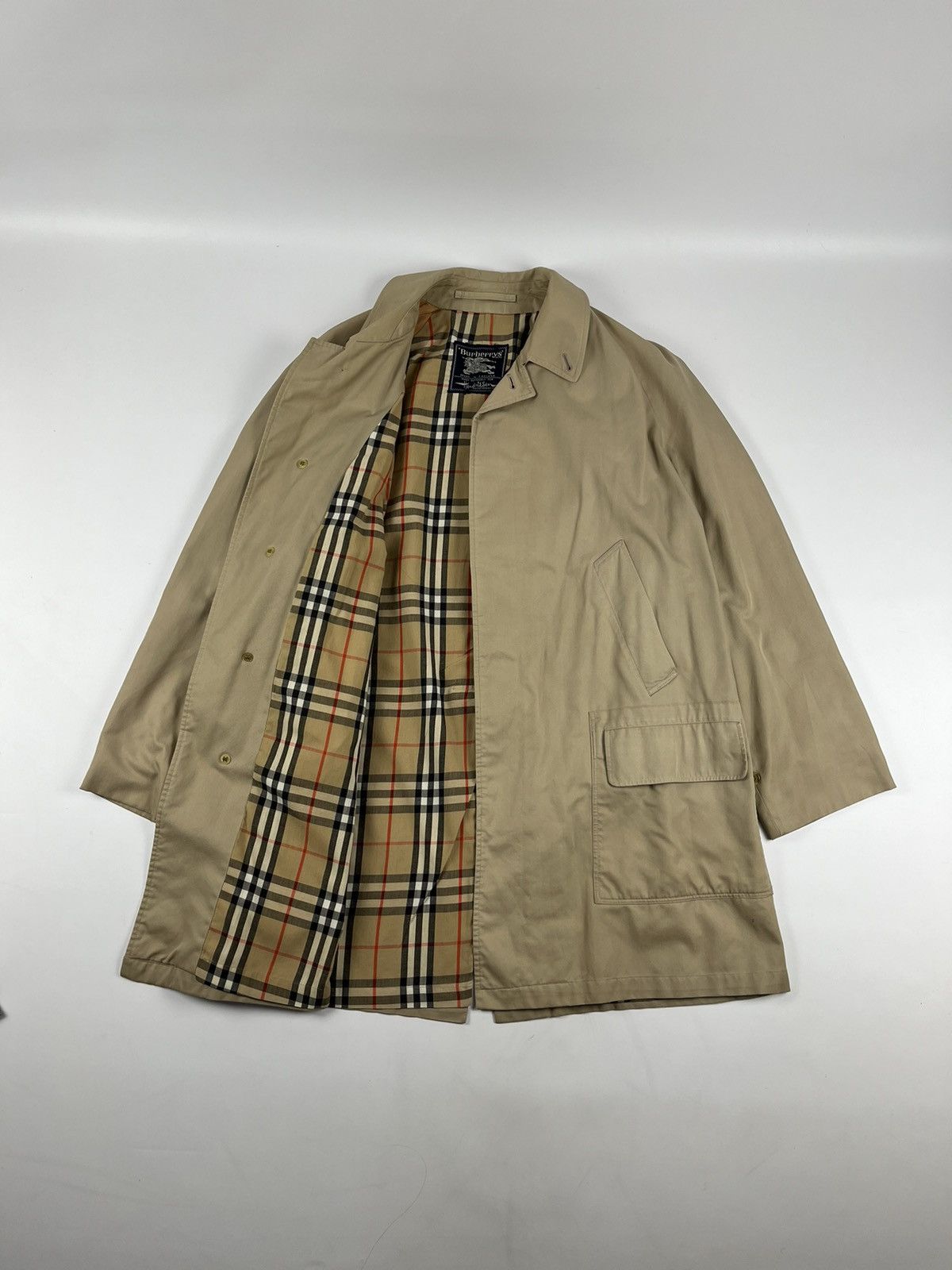 image of Vintage 90's Burberry's Nova Check Trench Coat Overcoat in Beige, Men's (Size Large)