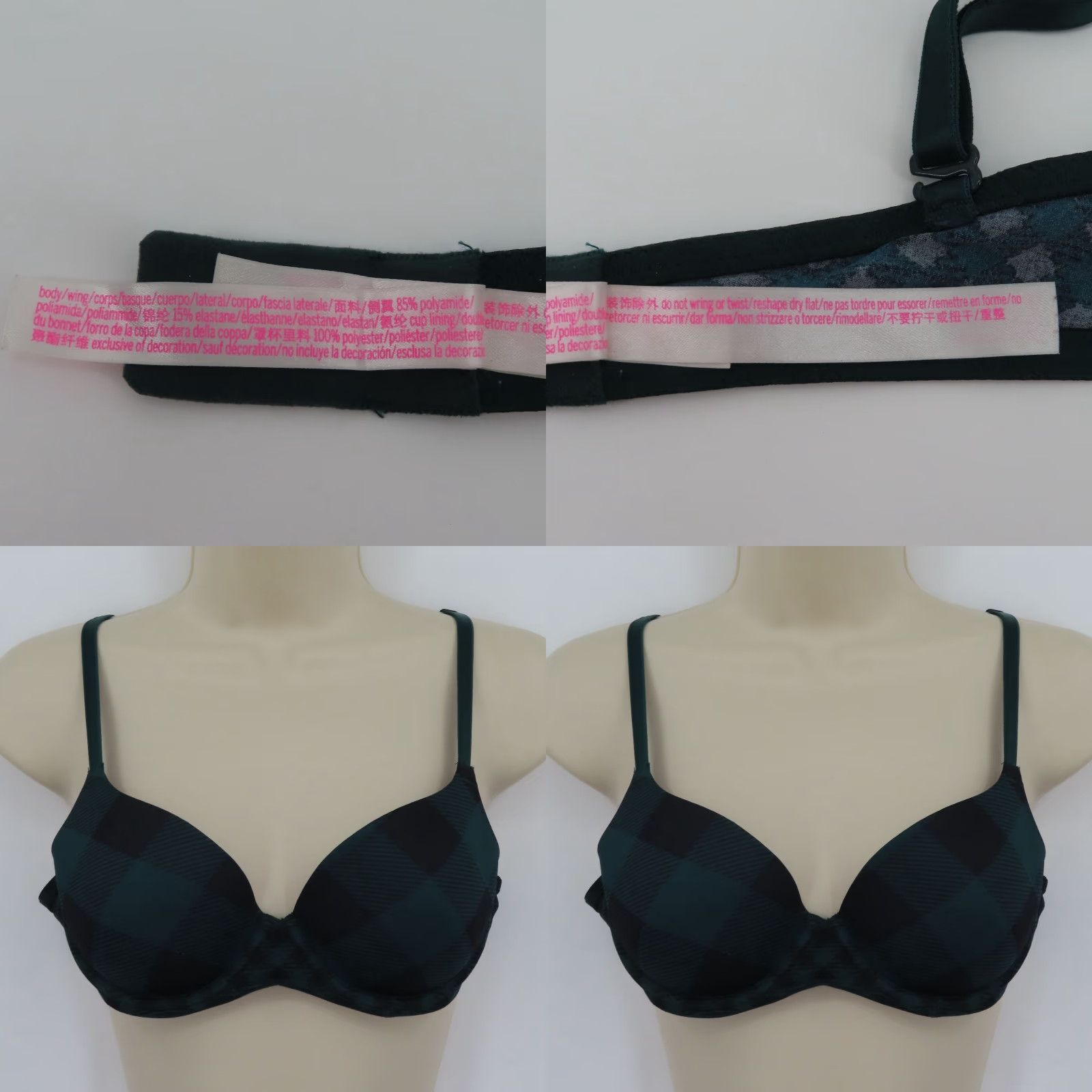 Vintage PINK Victoria's Secret Wear Everywhere Lightly Lined Bra 34A Green Plaid Tartan Underwire Push Up Women Size ONE SIZE - 9 Thumbnail