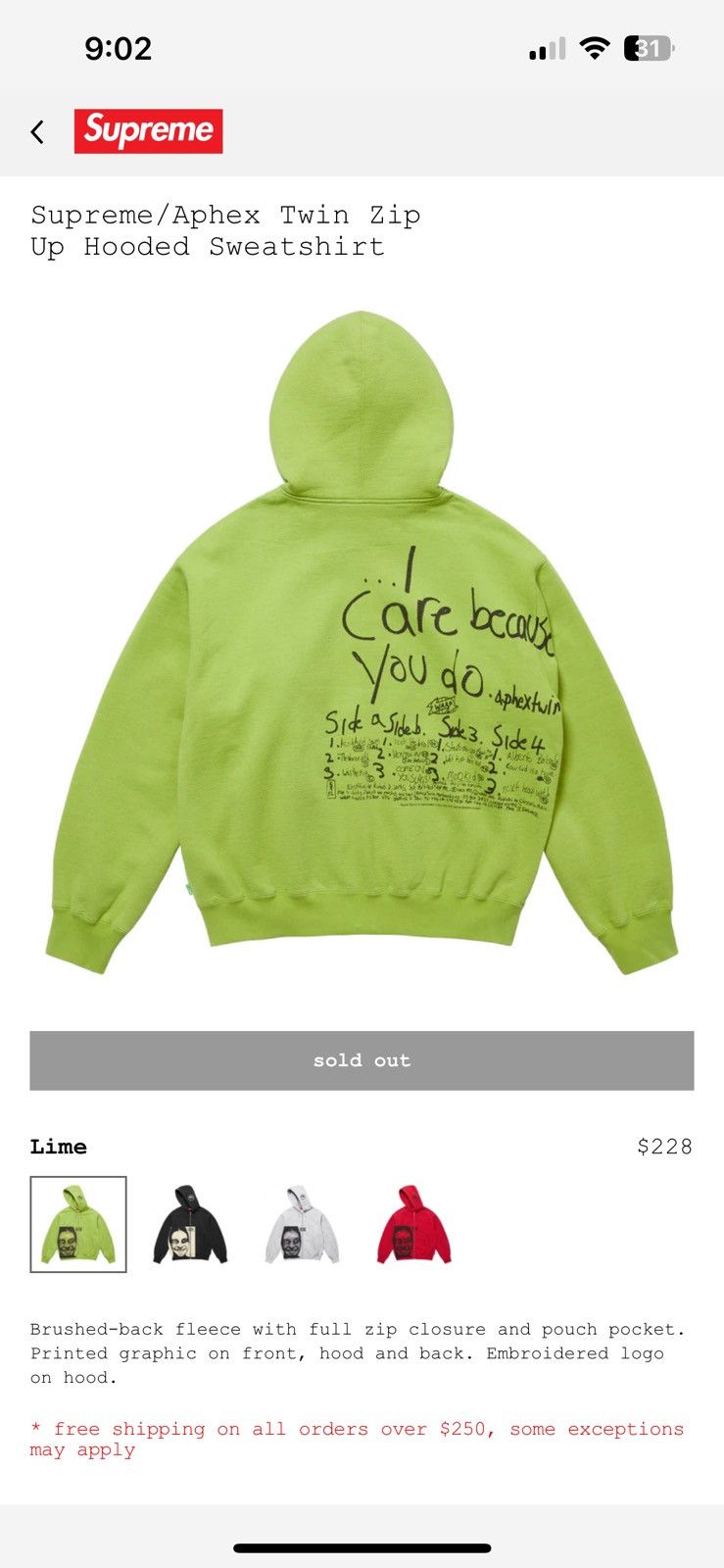 Supreme Supreme/Aphex Twin Medium Lime Zip Up Hooded