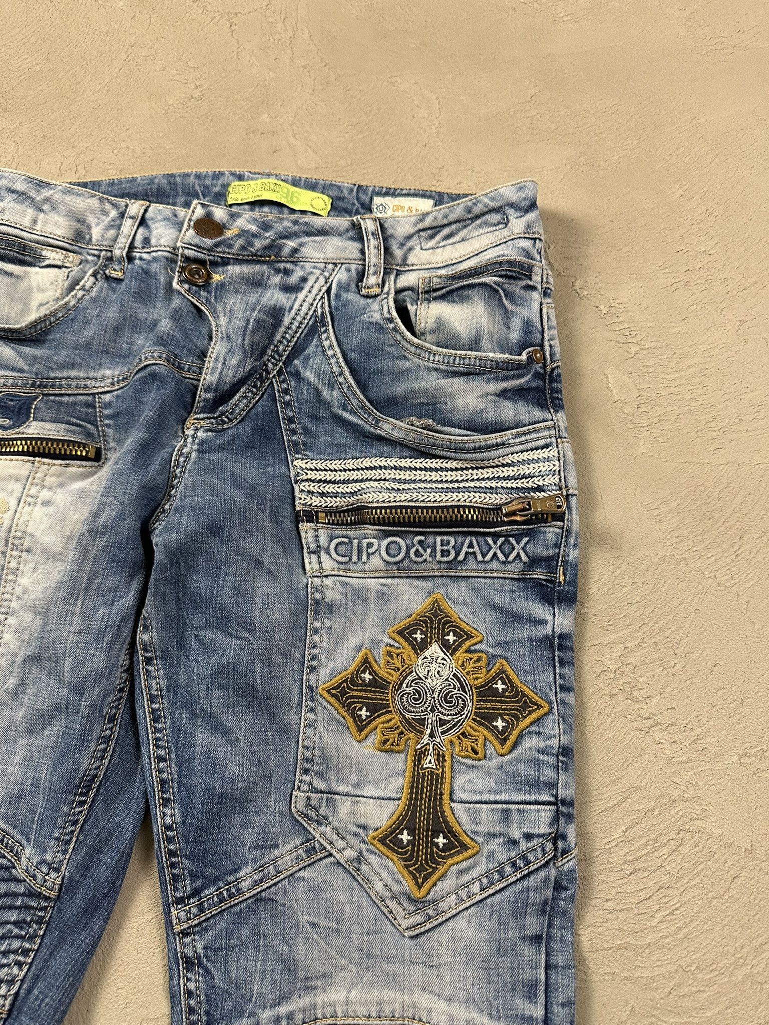 Japanese Brand Crazy Y2k Cipo & Baxx Cross Cross Faded Skinny Biker Jeans Size US 30 / EU 46 - 5 Thumbnail