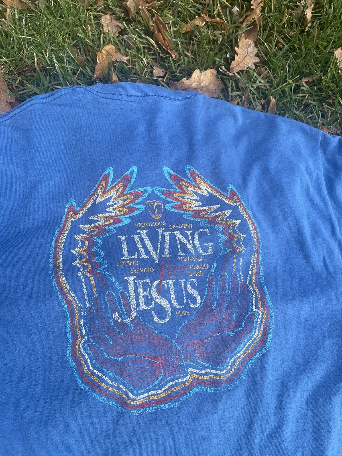 Other × Vintage Blue Living for Jesus Christ big logo graphic tee shirt. Size US L / EU 52-54 / 3 - 1 Thumbnail