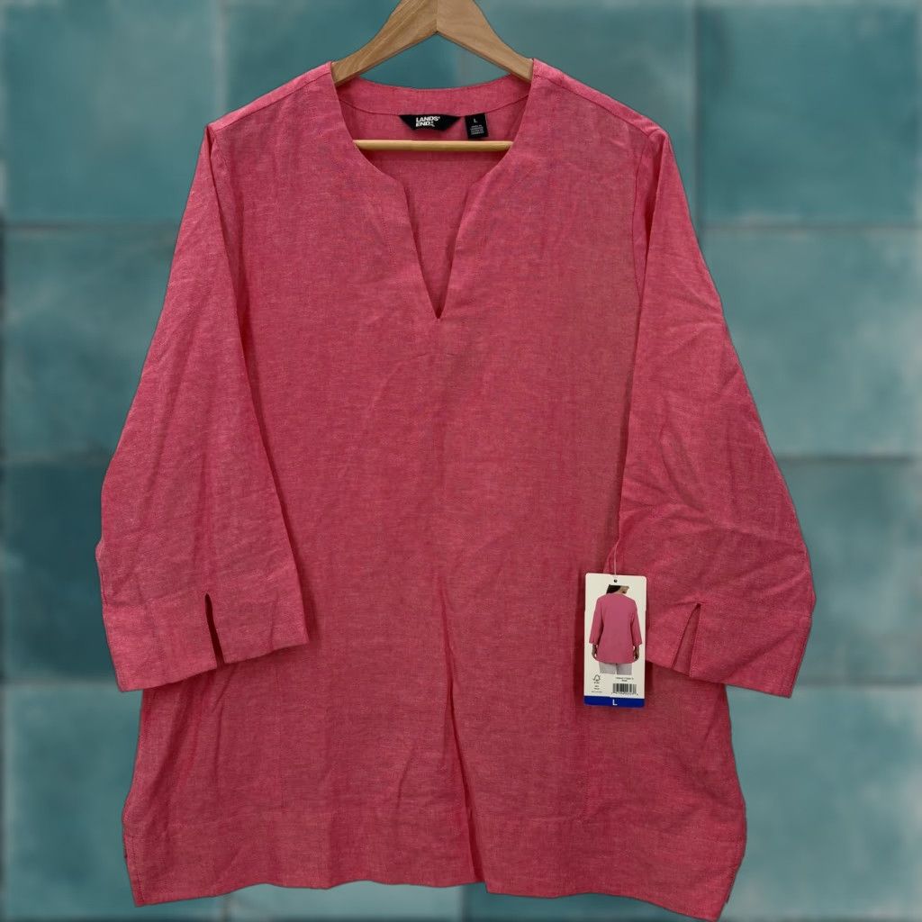 Lands' End Lands' End Shirt Womens Large Pink Split Neck 3/4 Sleeve Linen Tunic Top Preppy Size L / US 10 / IT 46 - 1 Thumbnail