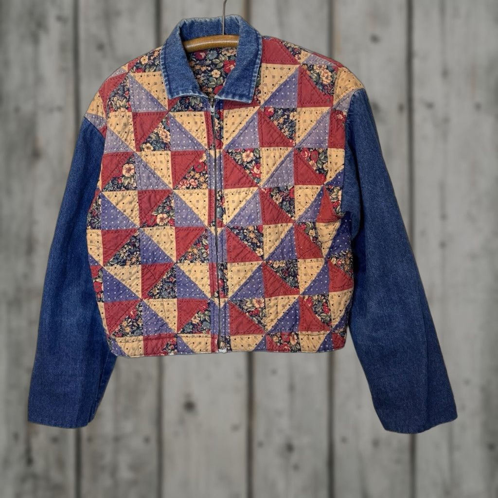 VINTAGE 60s Handmade Patchwork Quilt Jacket Long Sleeve Multicolor Cottage Core S Womens