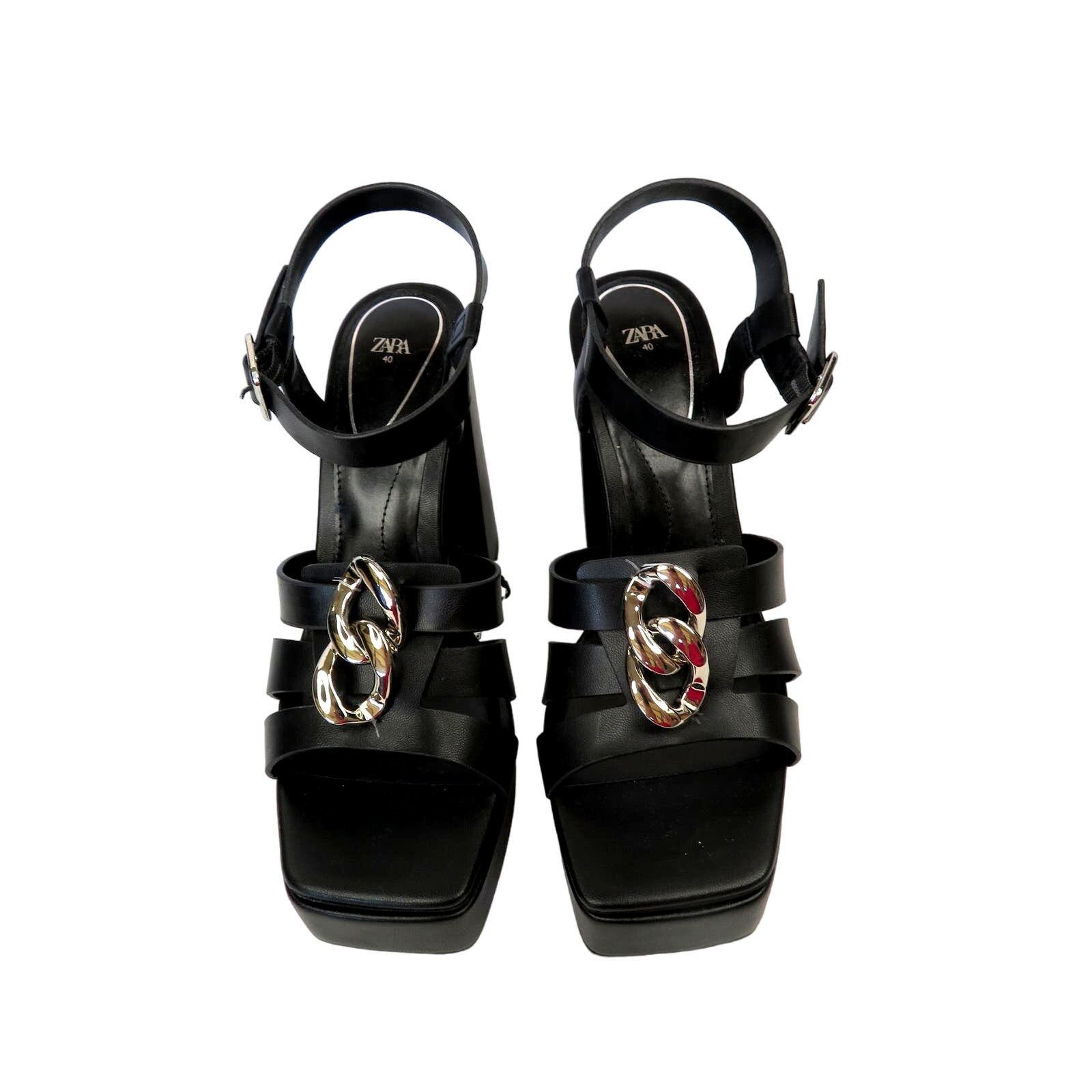 Zara ZARA Black Strappy Chunky Platform Sandals w/ Gold Chain Size US 9 / IT 39 - 3 Thumbnail