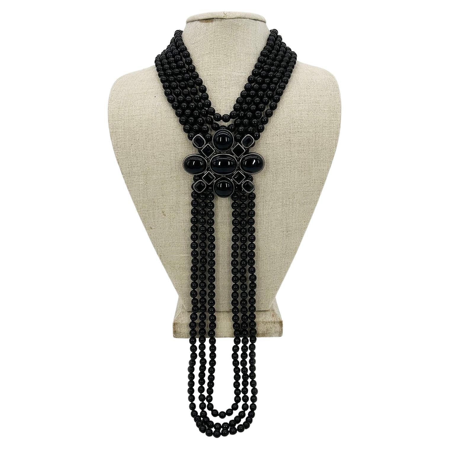 image of Chanel Black Beaded Multi Strand Emblem Necklace, Women's