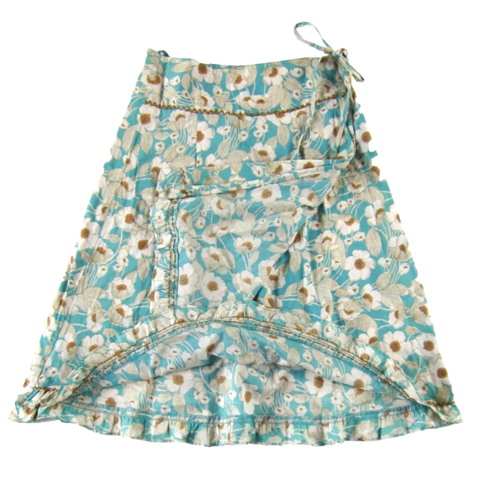 Vintage Pura Vida 100% Cotton Blue White Floral Ruffle Wrap Skirt Women Size 4 Brown Blue Size 27" / US 4 / IT 40 - 4 Thumbnail