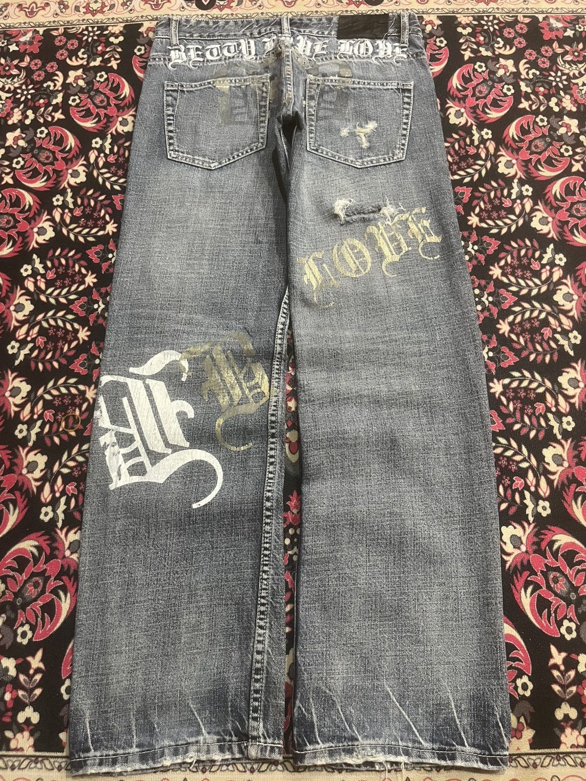 Hysteric Glamour Betty Blue Love Big Slogan Distressed Blue Cracked Jeans Size 30" / US 8 / IT 44 - 2 Thumbnail
