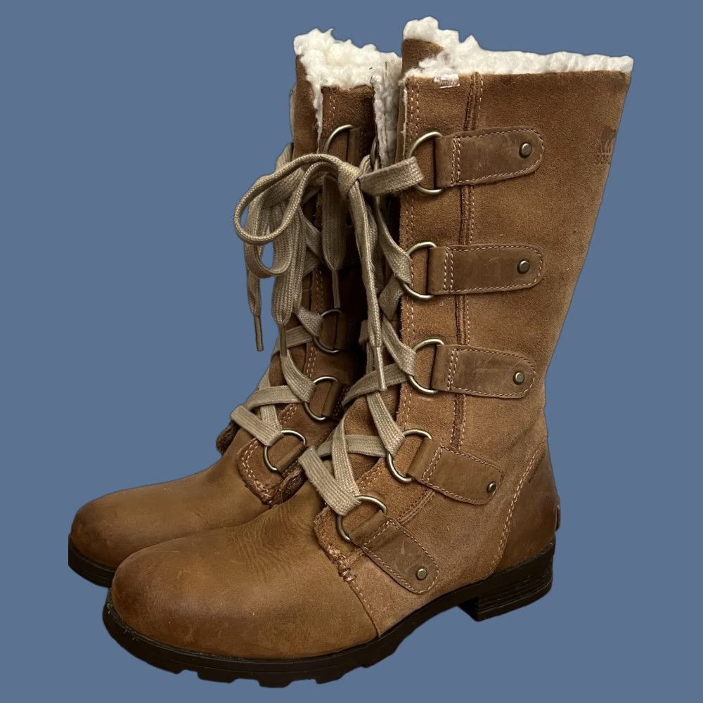 SOREL Sorel Emelie Snow Boot Women's Brown Suede Full Grain Waterproof Lace Up Mid-Calf 12" Tall, US 8, UK 6, EU 39, Faux Fur Lining, Brown, Size 8 Mens? Size US 6 / IT 36 - 1 Thumbnail