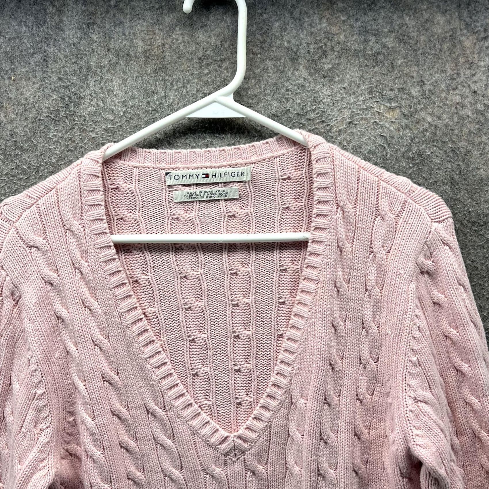 Tommy Hilfiger Tommy Hilfiger Sweater Womens Medium Pink Cable Knit V-Neck Pullover Cotton Size M / US 6-8 / IT 42-44 - 5 Thumbnail
