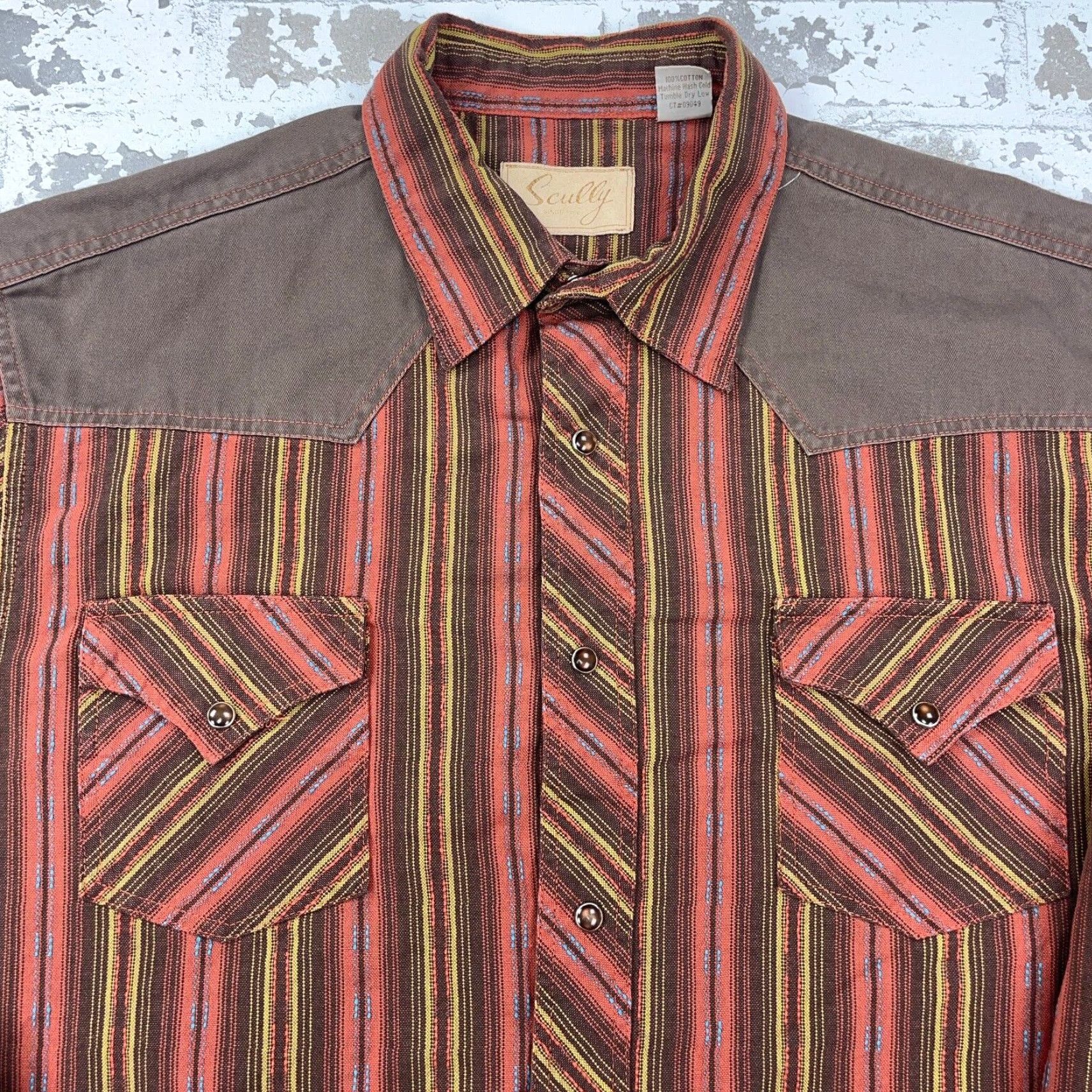 Scully VINTAGE Scully Shirt Men Large Orange Brown Striped Pearl Snap Cowboy South Western Yoke Shirt Mens Large Orange Brown Striped Snap-Front Western - Size US L / EU 52-54 / 3 - 2 Thumbnail