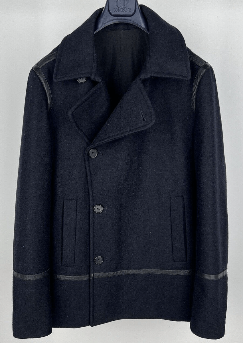 Allsaints $600 Salter Navy Wool Pea Coat Leather Trim- Medium Size US M / EU 48-50 / 2 - 1 Thumbnail