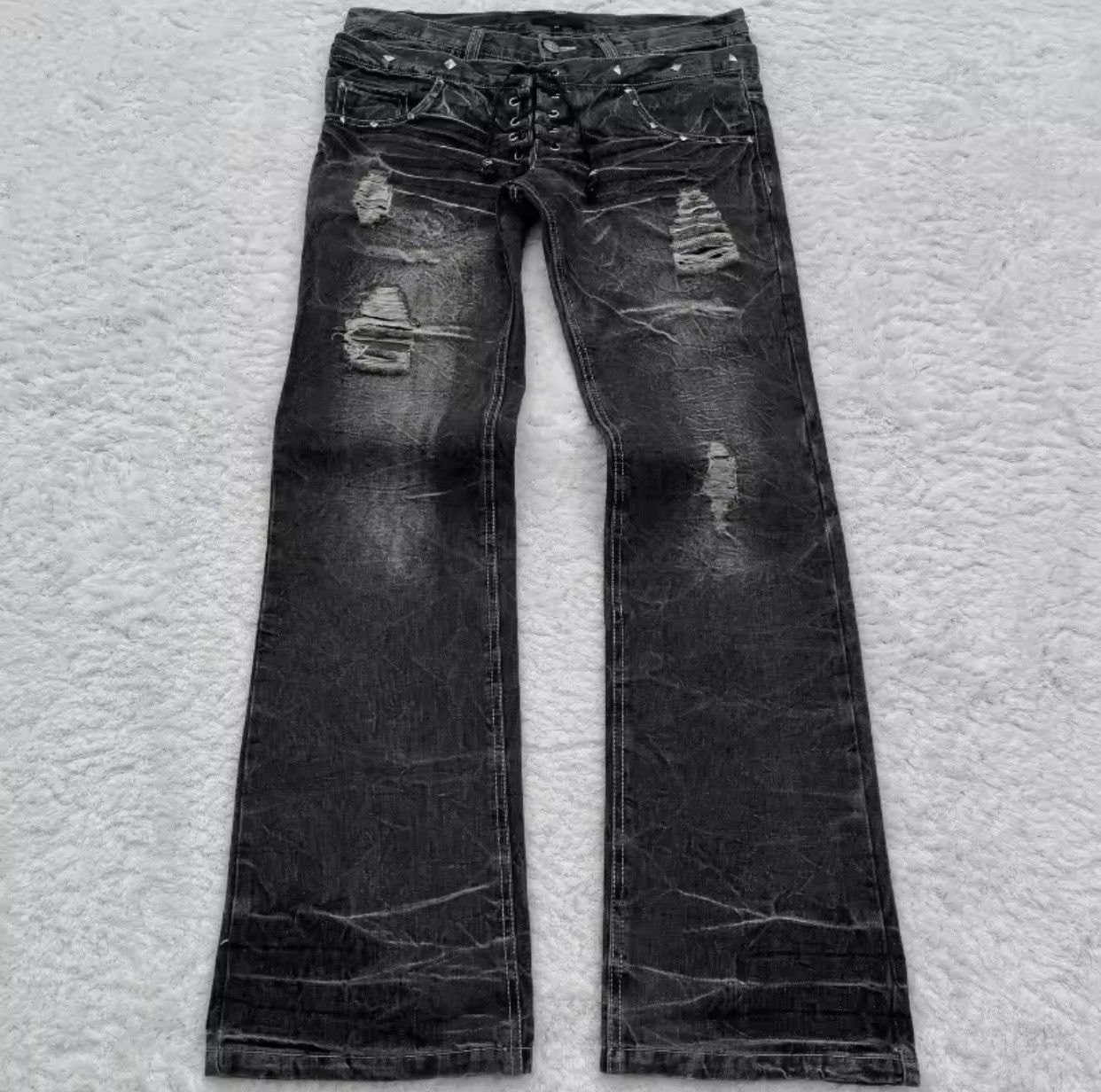 Denime Y2K Washed Jeans Micro Flared Double Waisted Lace Up Pants Size US 37 - 1 Thumbnail