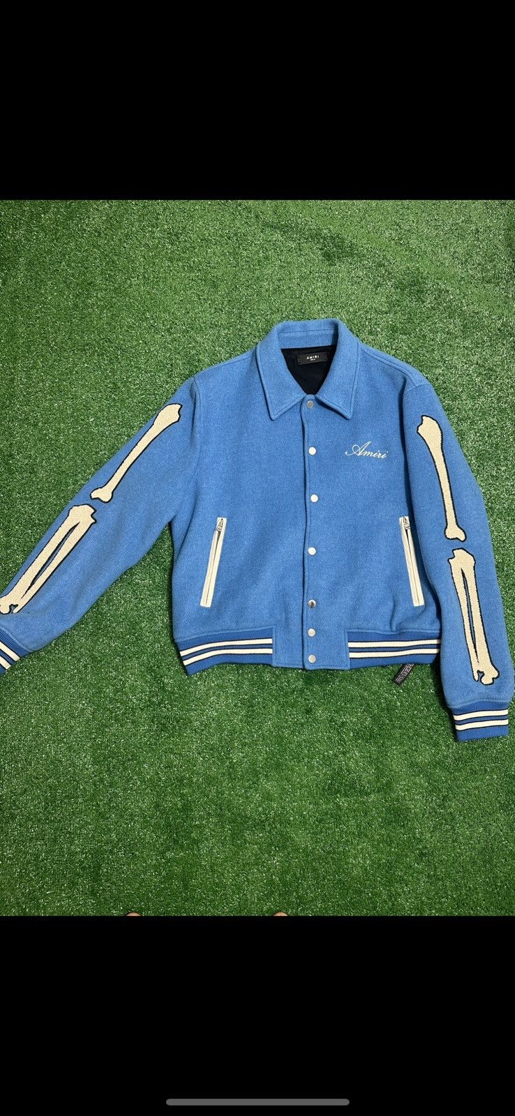 image of Amiri Bones Varsity Jacket in Blue, Men's (Size Large)