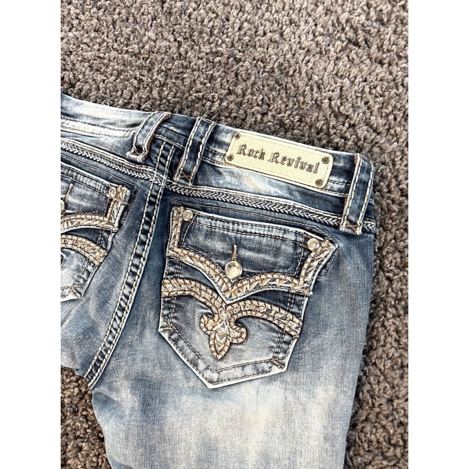 Vintage Rock Revival Karla Mid Rise Boot Jeans 28x23 Denim Rhinestone Cropped Womens Jeans Size 28" / US 6 / IT 42 - 2 Thumbnail