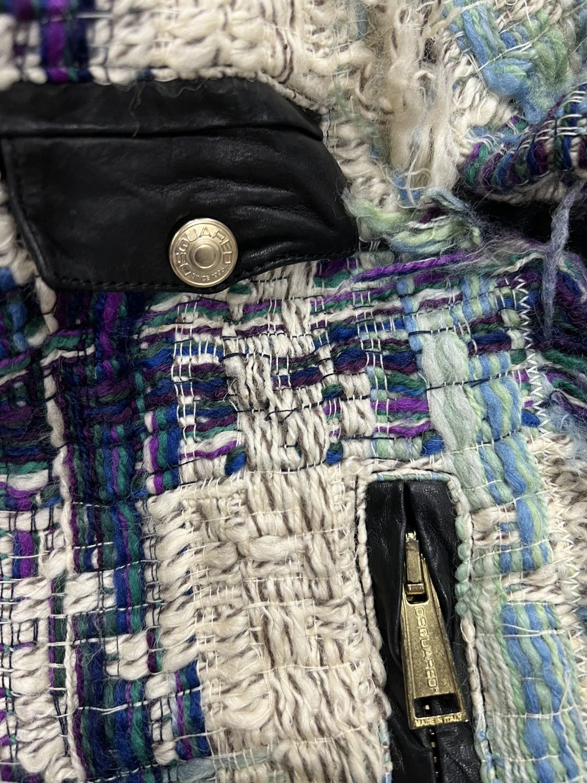Dsquared2 DSQUARED² Archival Mixed-Media Tweed & Leather Moto Jacket Size US XXS / EU 40 - 5 Thumbnail