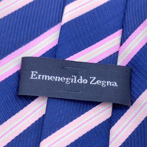 Ermenegildo Zegna Ermenegildo Zegna Navy Tie with Pink and Cream Stripes Size ONE SIZE - 5 Thumbnail