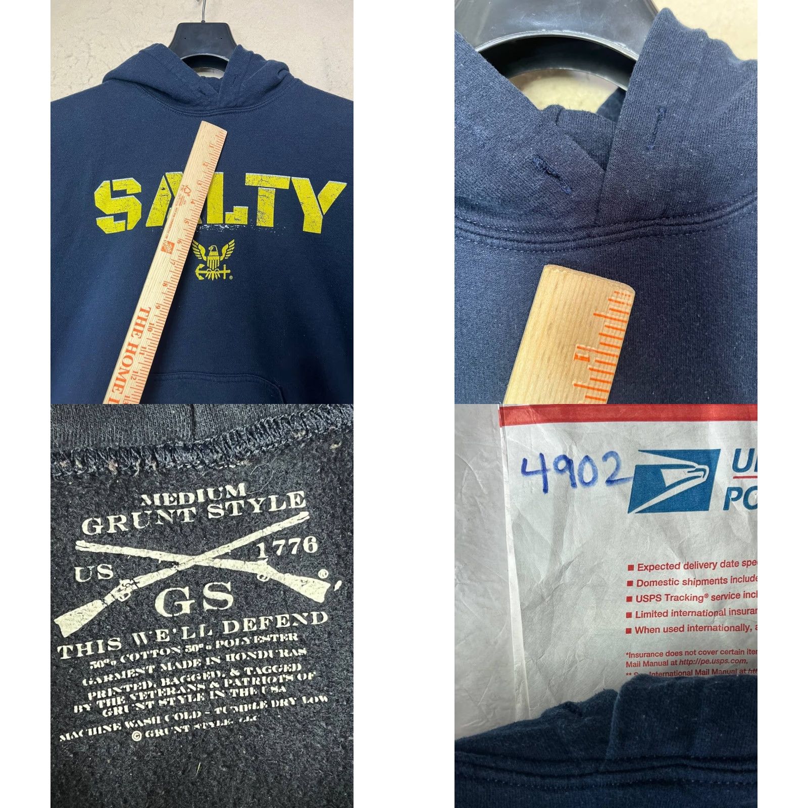 Vintage Grunt Style Pullover Hoodie Mens Size M Blue, Hooded, Fleece, Cotton Blend, Regular Fit, Long Sleeve, Crew Neck, Solid, Unit Size US M / EU 48-50 / 2 - 8 Thumbnail