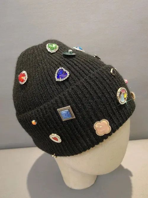 Other Black Beanie Hat with Colorful Gems and Badges Size ONE SIZE - 5 Thumbnail