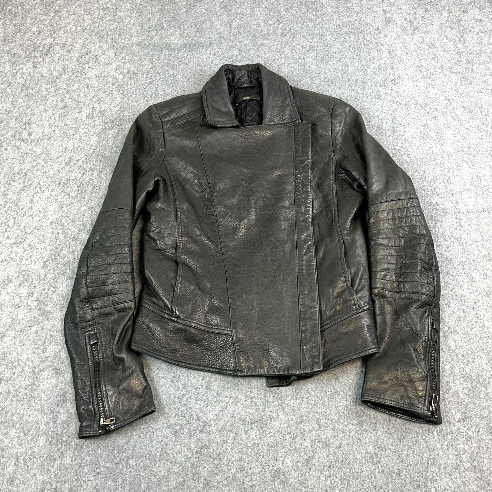Hugo Boss HUGO BOSS Womens Leather Jacket Short Biker Black 6 Leather Lamb Regular Zip Pockets Vintage No Size M / US 6-8 / IT 42-44 - 7 Thumbnail