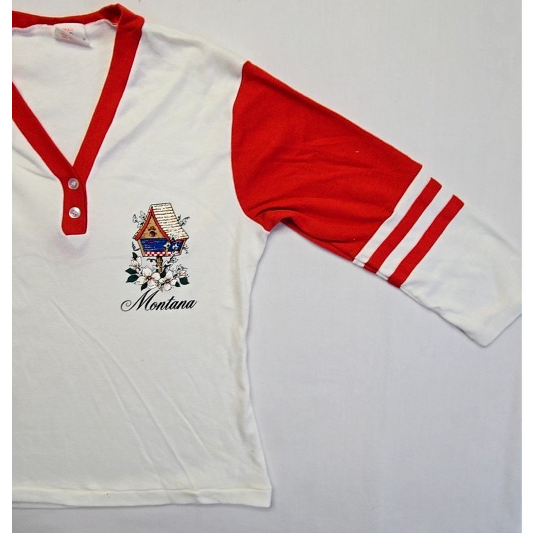 Vintage Vintage Montana Raglan Shirt Red White Le Riche S Tee 90s Size S / US 4 / IT 40 - 3 Thumbnail