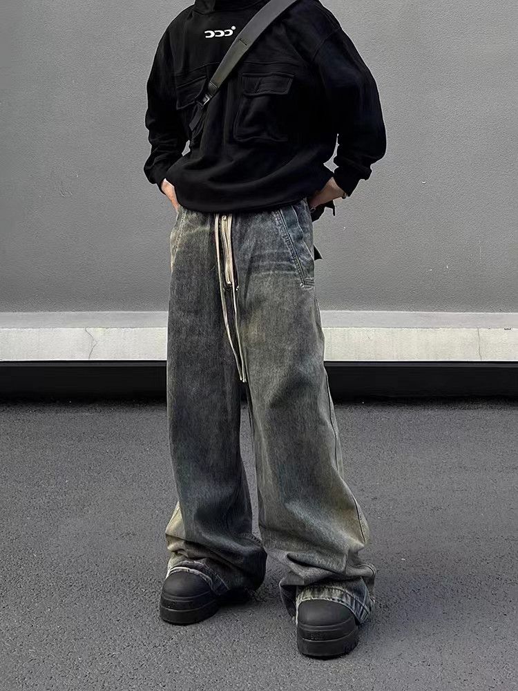 Japanese Brand × Jean Retro wash gradient drawstring work wide leg jeans Size US 34 / EU 50 - 4 Thumbnail