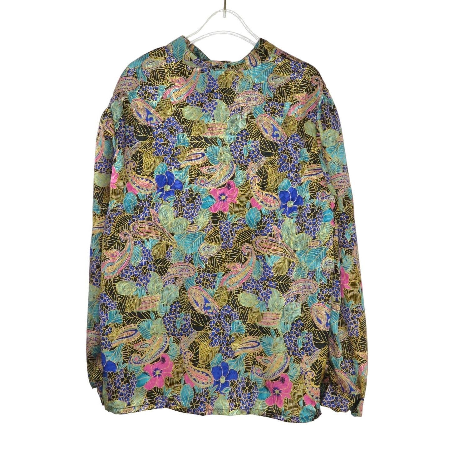 Vintage 80s Vintage Satin Floral Art Deco Button Down Blouse XL Size XL / US 12-14 / IT 48-50 - 2 Thumbnail