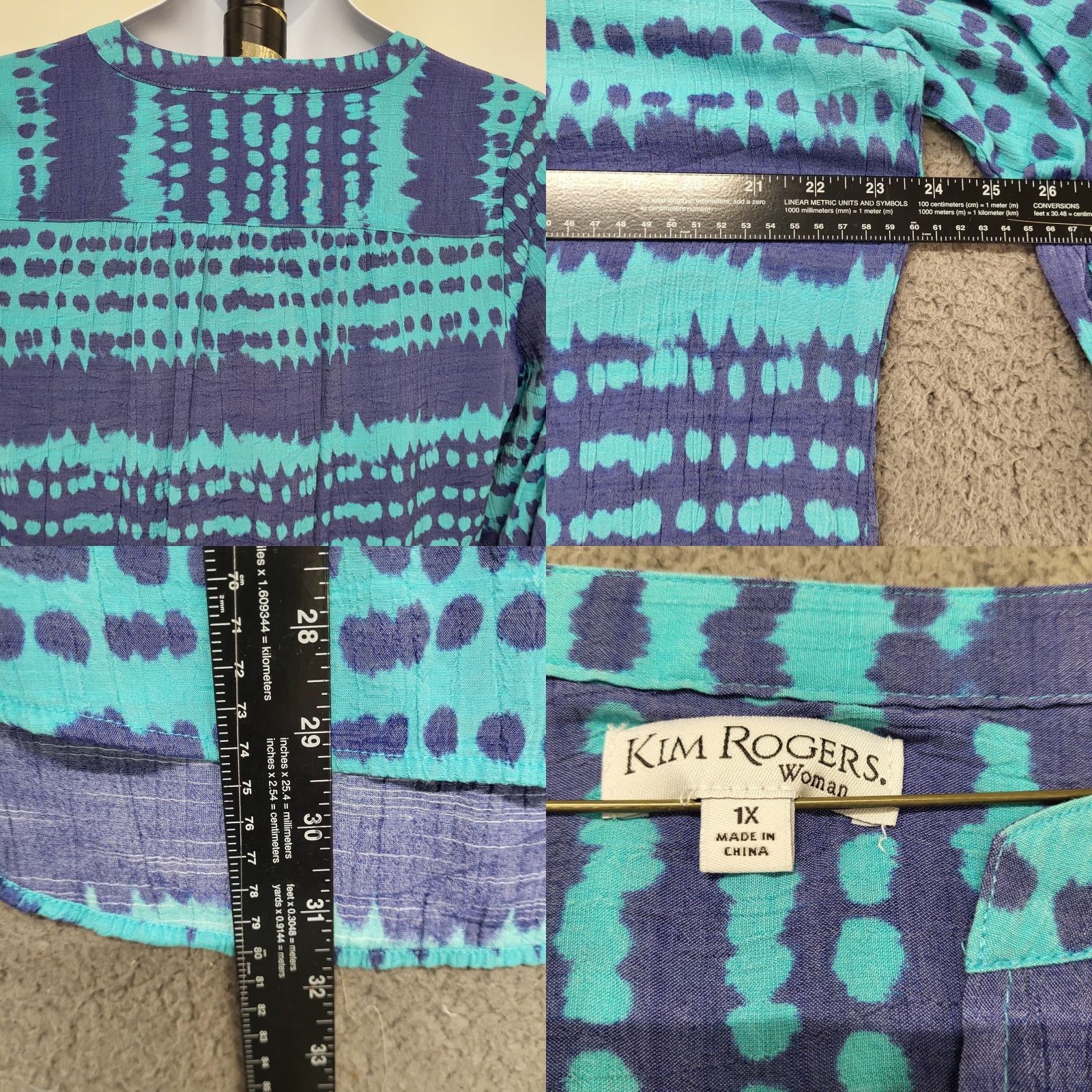 Vintage Kim Rogers Blouse Women 1X Tie Dye V-Neck Roll Tab Sleeve Purple Blue Top Knit Rayon Polyester Size XL / US 12-14 / IT 48-50 - 8 Thumbnail