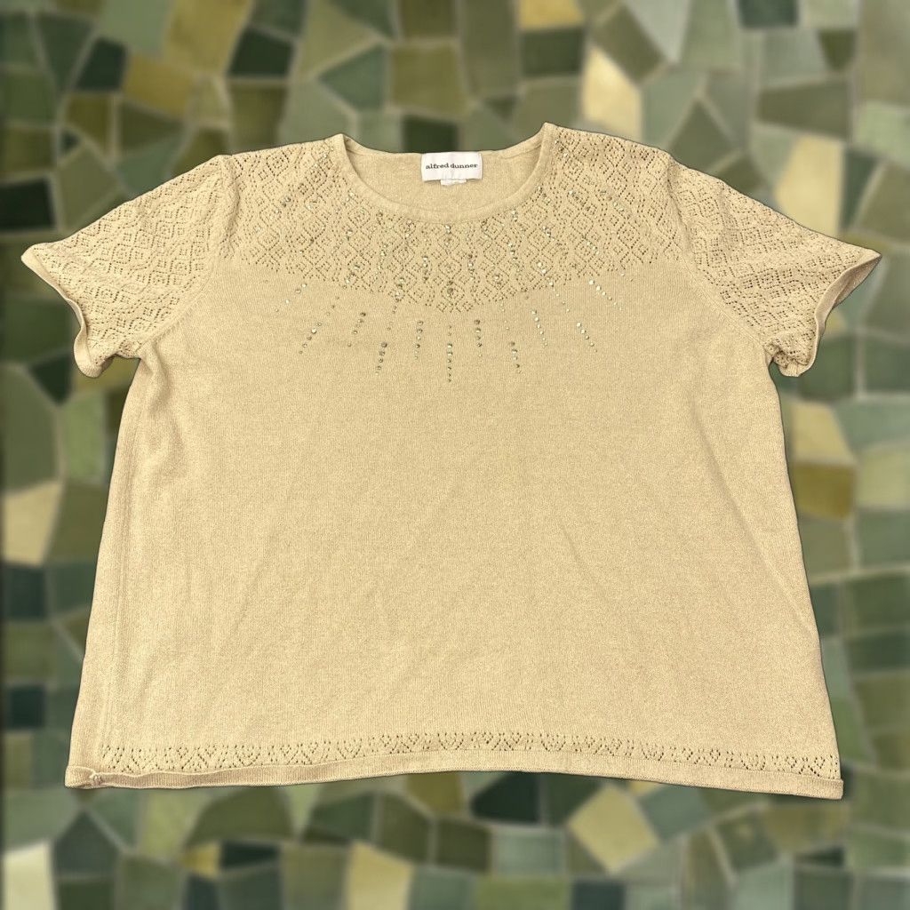 Vintage VINTAGE Alfred Dunner Sweater Womens L Beige Short Sleeve Knit Top Rhinestones Size L / US 10 / IT 46 - 1 Thumbnail