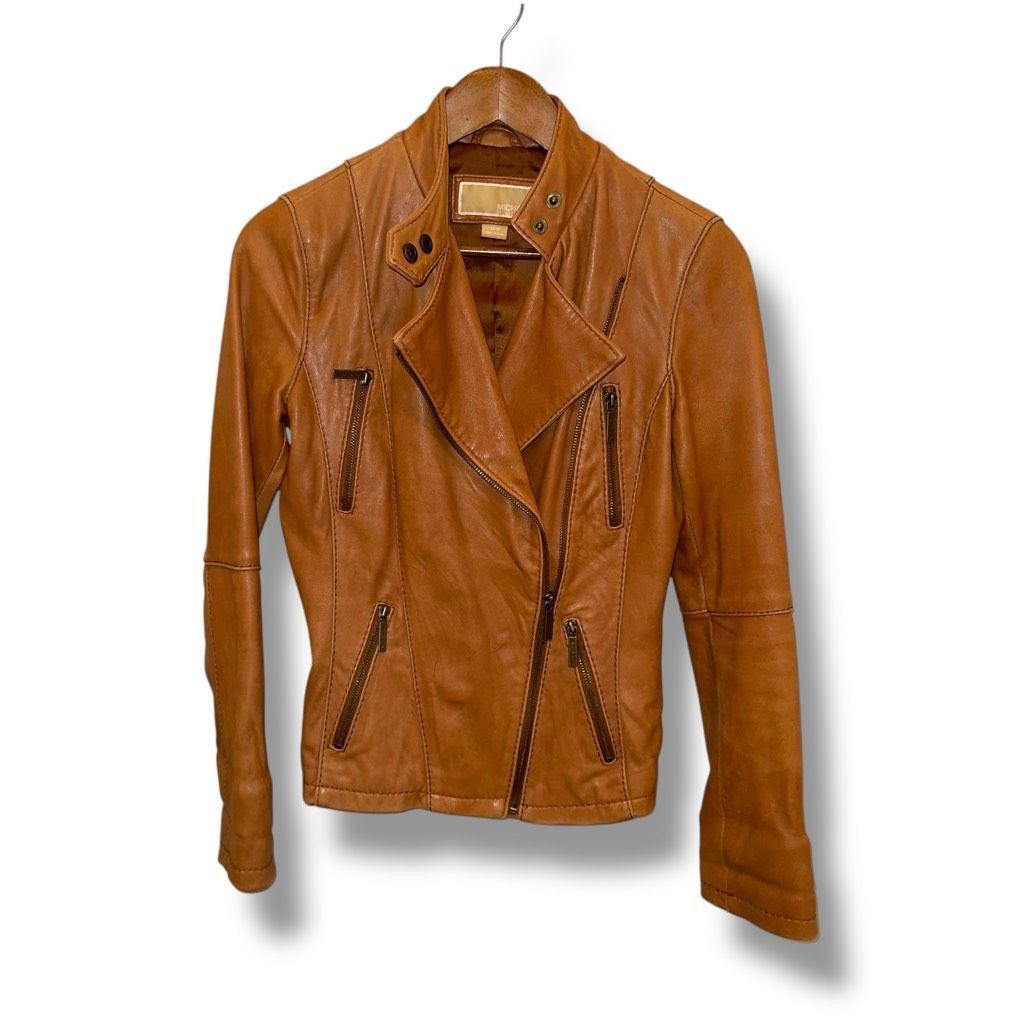 Michael Kors Michael Kors Cognac Brown Leather Racer Jacket Women’s Sz XS Size XS / US 0-2 / IT 36-38 - 1 Thumbnail