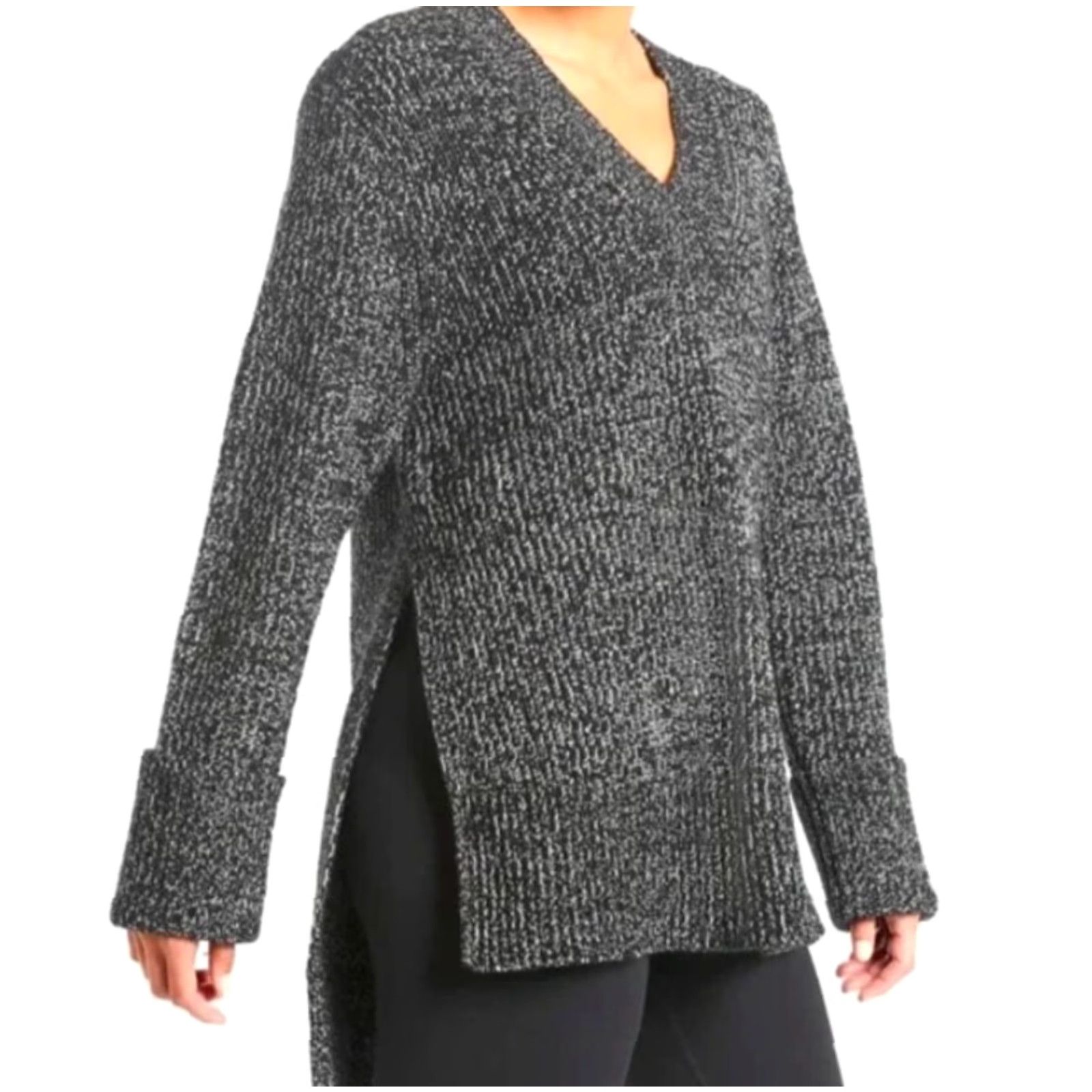 Athleta Athleta Shasta Black Marl Wool Blend V Neck Tunic Heavyweight Sweater-Size M Size M / US 6-8 / IT 42-44 - 2 Thumbnail