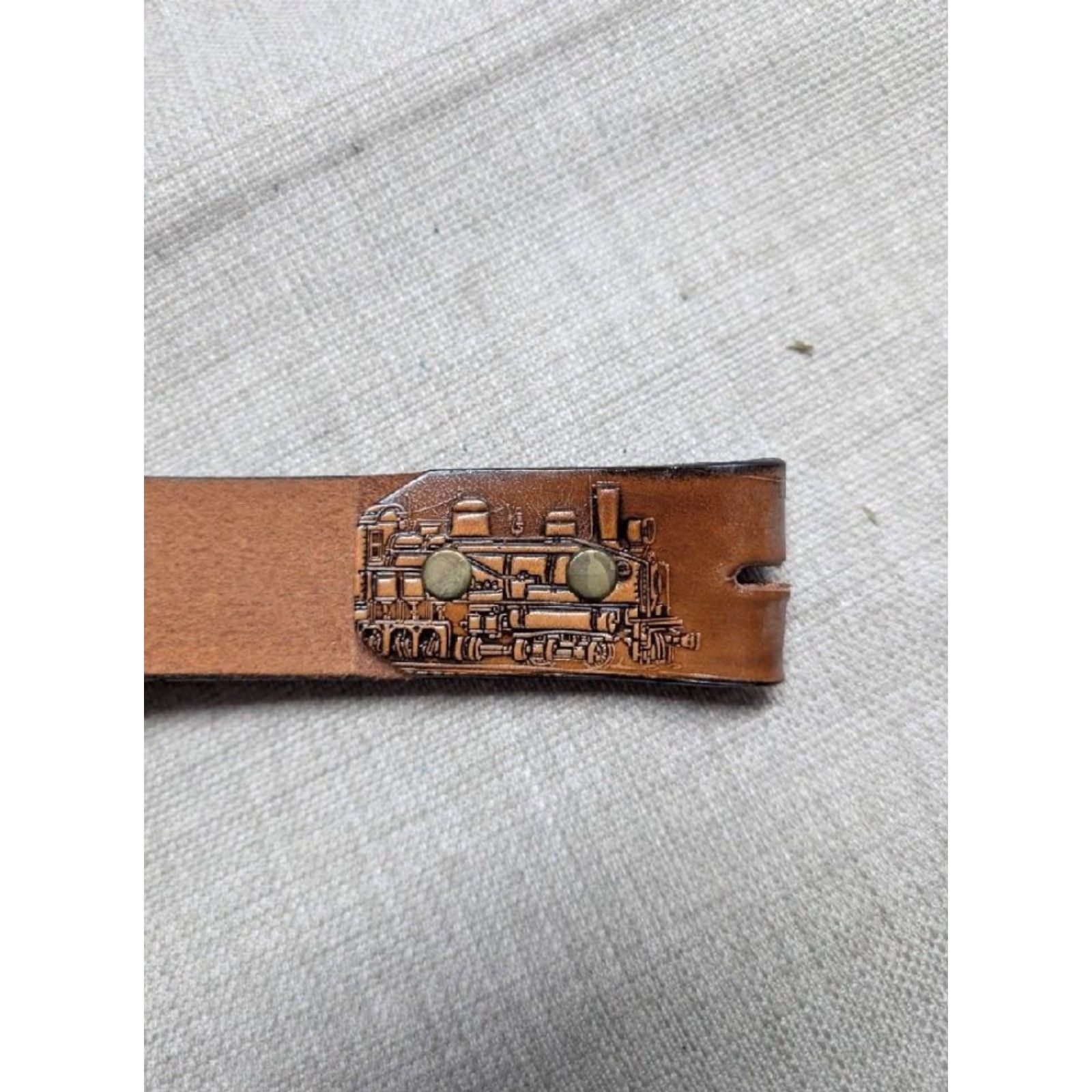 Vintage VINTAGE vintage USA made TOOLED buckle belt TRAINS locomotives 38 brown WESTERN leather Size 38 - 7 Thumbnail