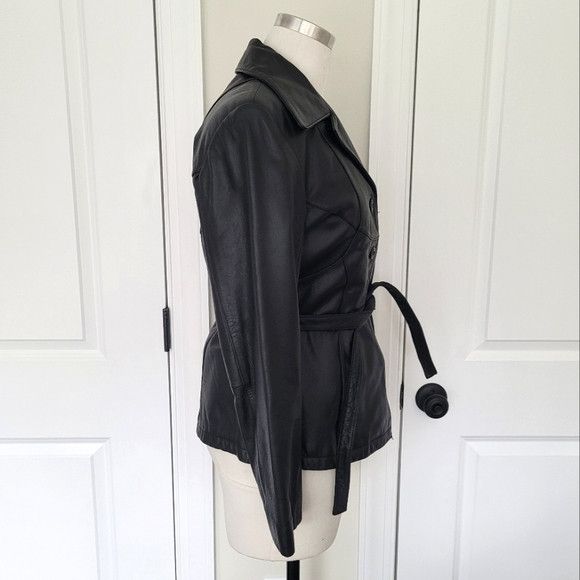 Wilsons Leather Maxima Button-Up Tie-Waist Leather Jacket Biker Retro Y2K Size XS / US 0-2 / IT 36-38 - 4 Thumbnail