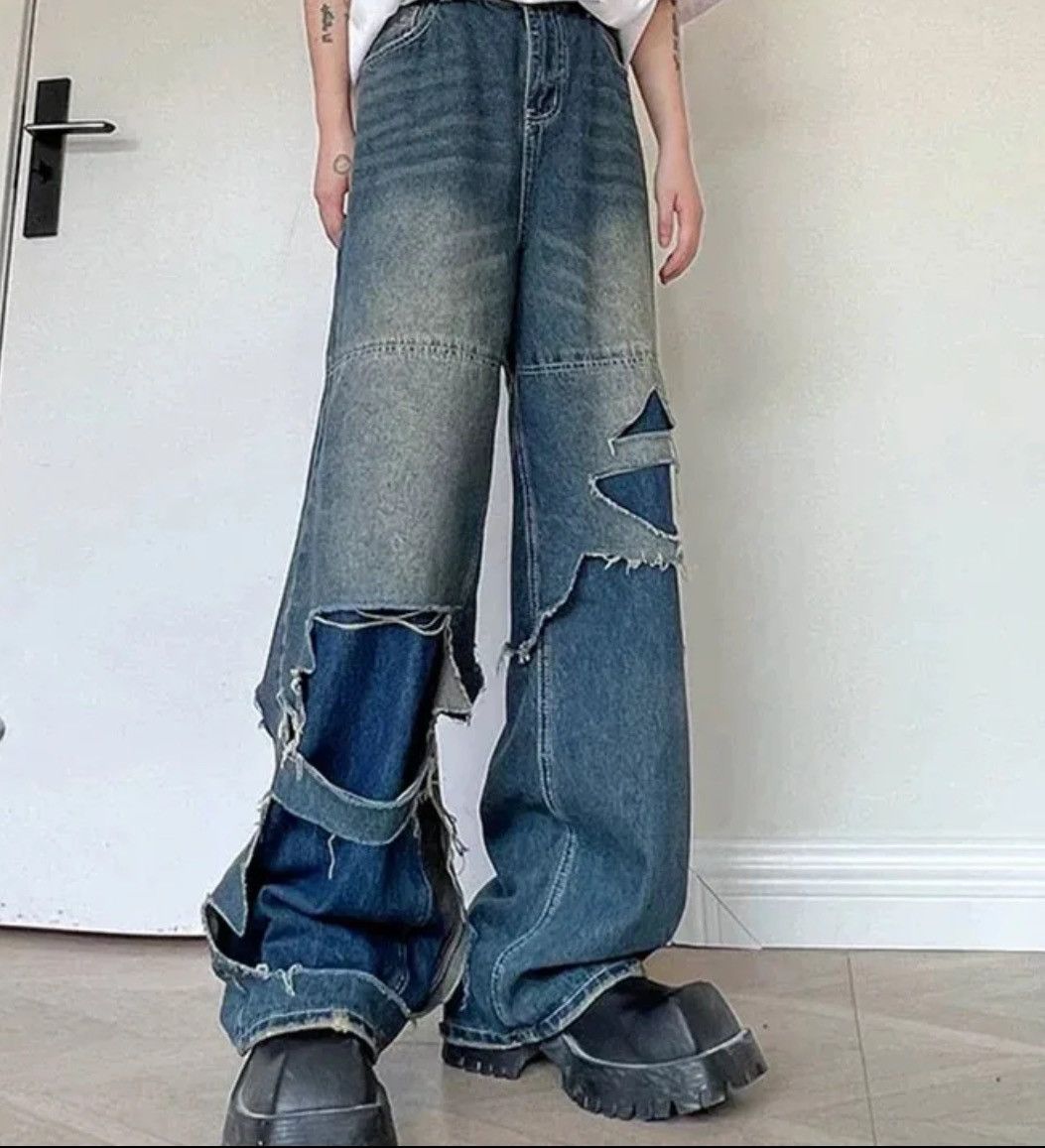 image of Distressed Denim Washed Double Layered Cut Hole Denim Pant in Blue, Men's (Size 29)