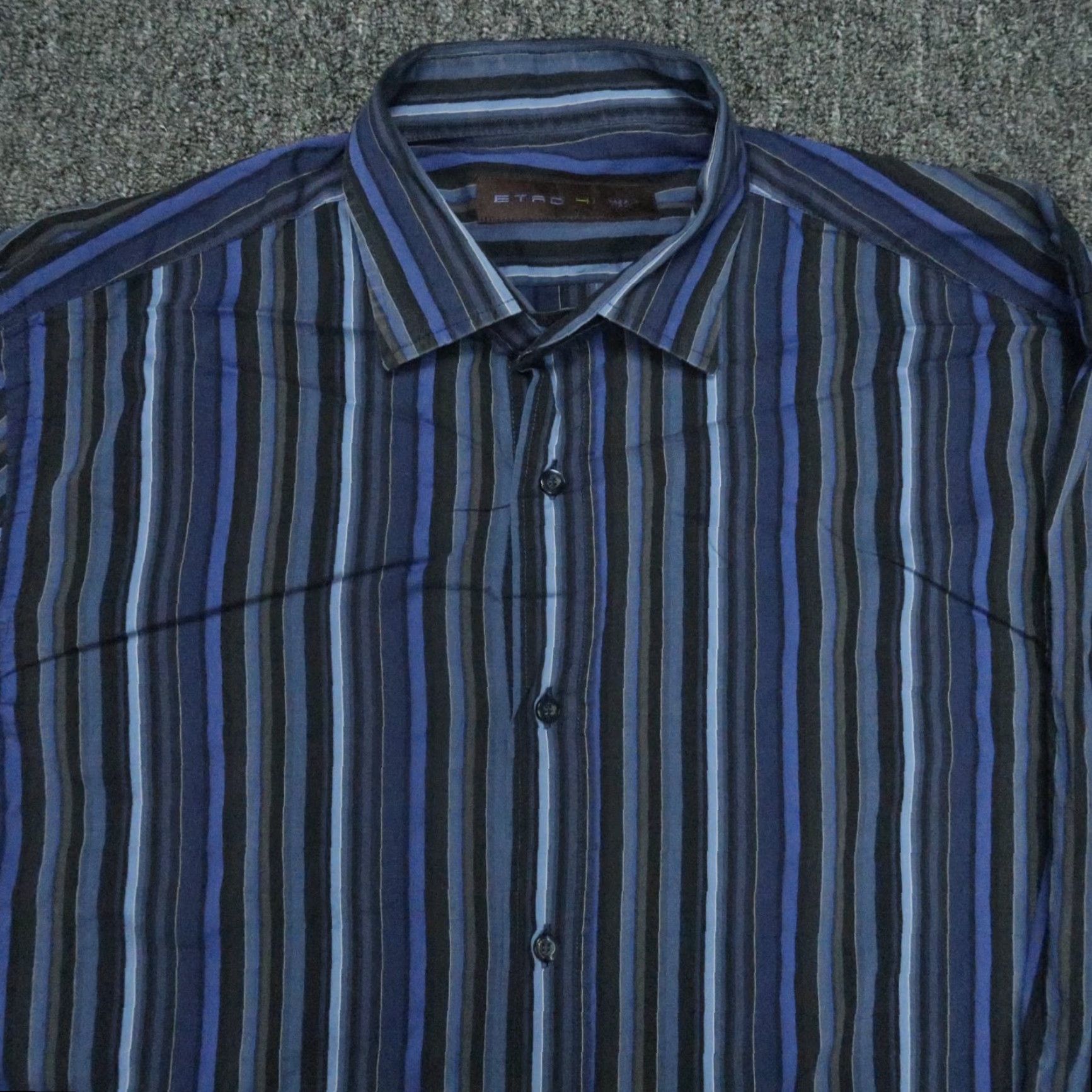 Etro ETRO Blue Black Striped Button-Up Shirt Mens Large Long Sleeve Slim Fit Italy Size US L / EU 52-54 / 3 - 2 Thumbnail