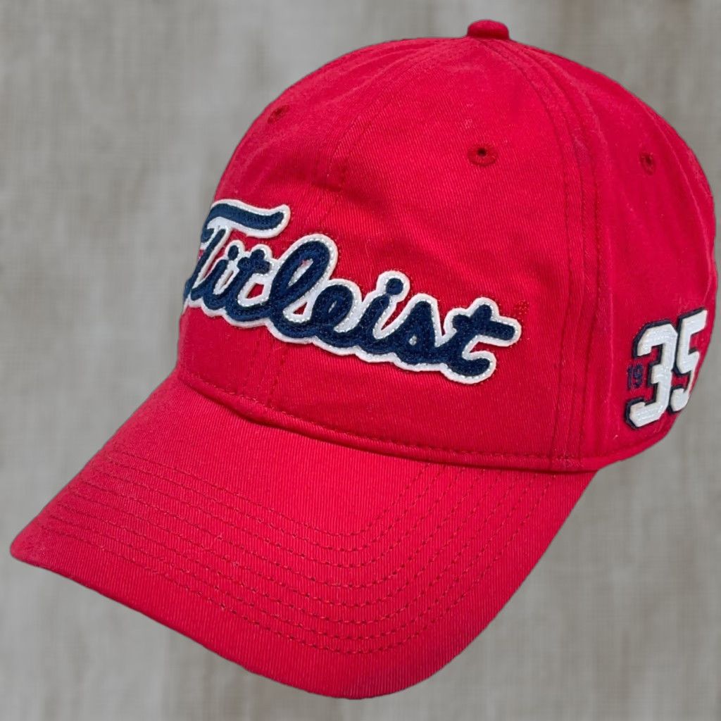 Titleist Titleist Hat Cap Red Blue Leather Strap Back Gold Dad Baseball Spell Out Script Cap Mens L Red Cotton Twill 80s 90s Retro USA Baseball Cap Size ONE SIZE - 1 Thumbnail
