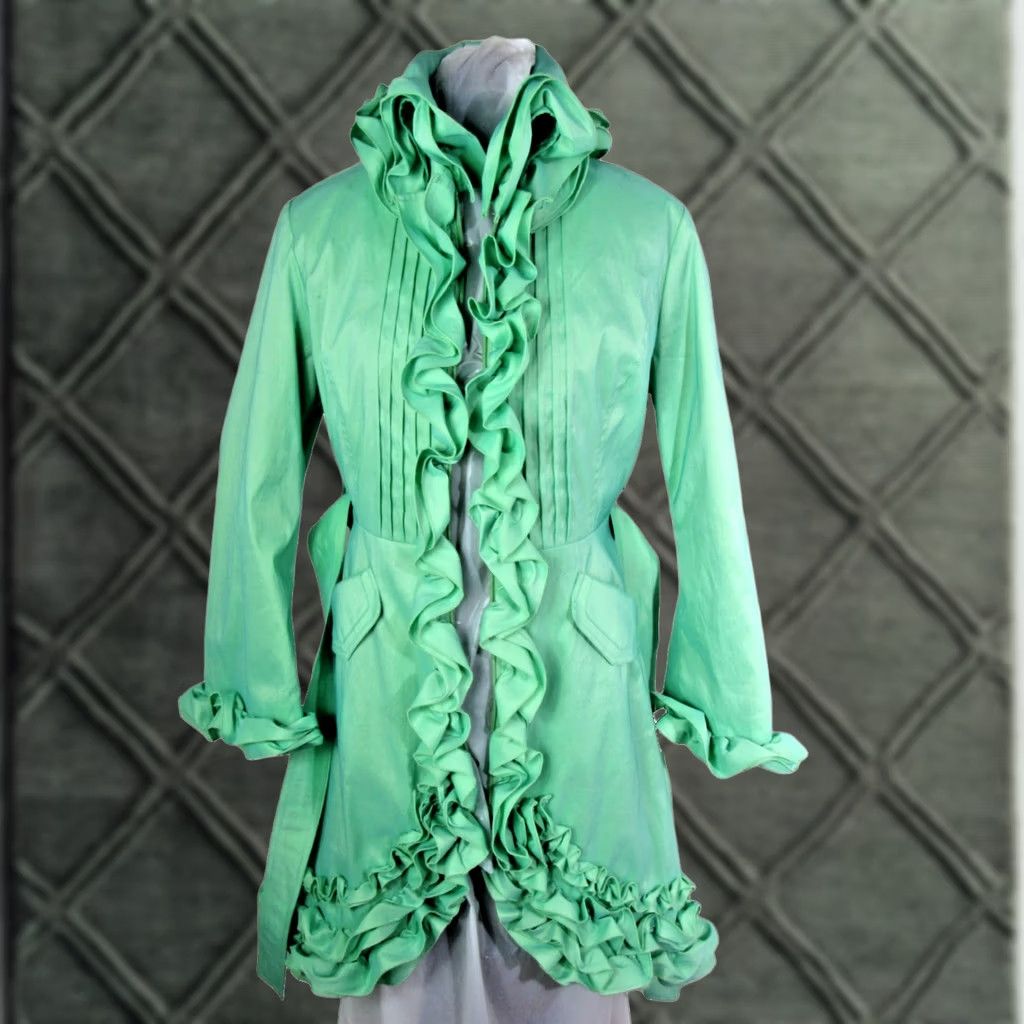 Vintage VINTAGE Samuel Dong Mint Green Ruffled Nylon Taffeta Belted Dress Coat - Medium Size M / US 6-8 / IT 42-44 - 1 Thumbnail