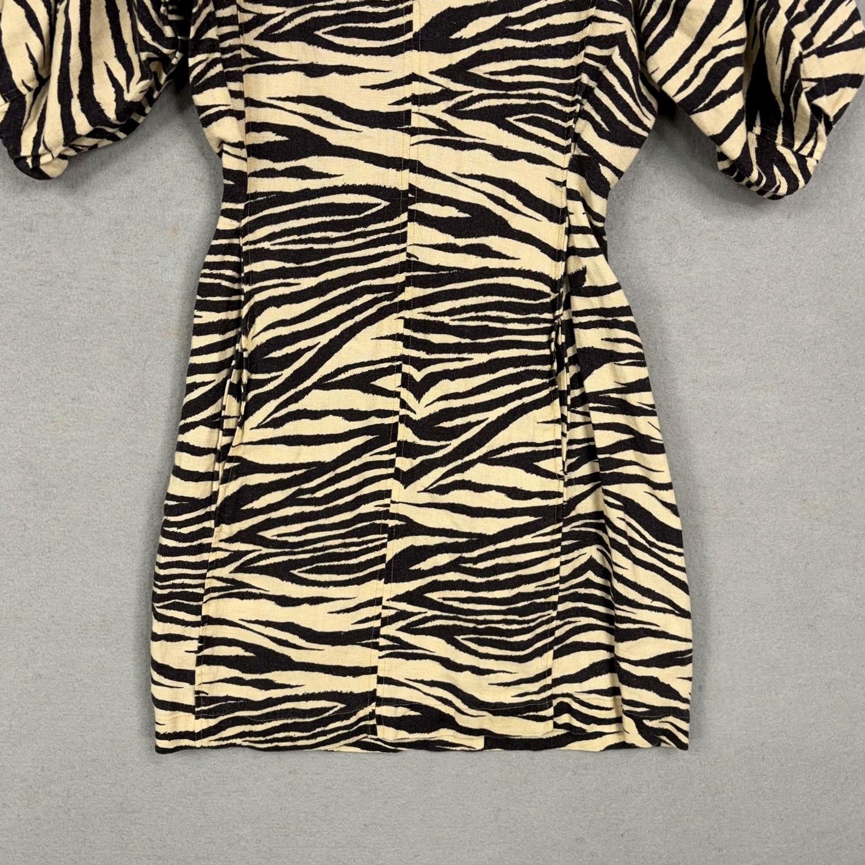 NICHOLAS VINTAGE Nicholas Dress Womens US 2 Beige Zebra Print Puff Sleeve Linen Mini Shift Shirt Girls Size XS / US 0-2 / IT 36-38 - 3 Thumbnail