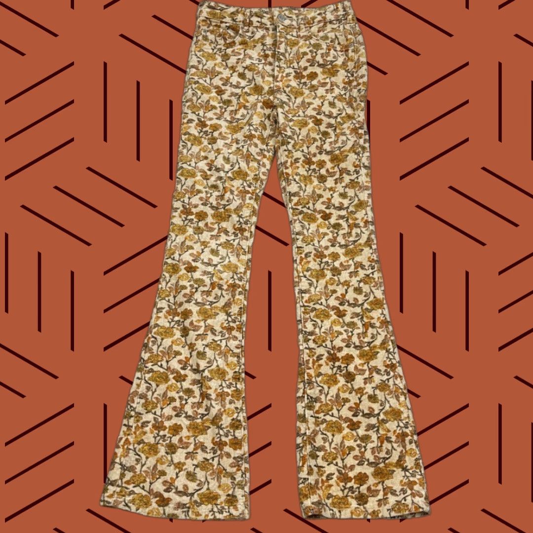 Anthropologie Anthropologie Pilcro Icon Pants 25 W26 I30 Flare Yellow Corduroy Floral Spring Size 42" / US 20 - 1 Thumbnail
