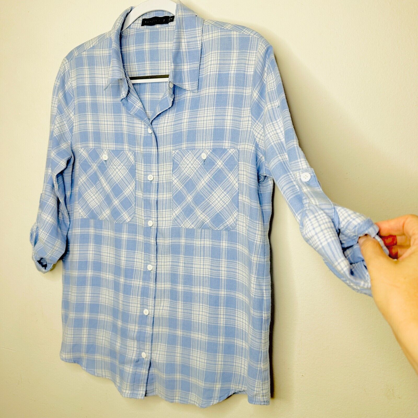 Other Sanctuary Blue Plaid Boyfriend Button Shirt Roll Tab Sleeves Size S / US 4 / IT 40 - 4 Thumbnail