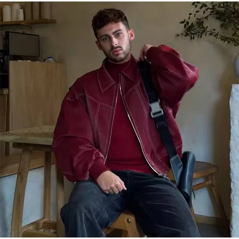 baggy leather bomber jacket with double zipper