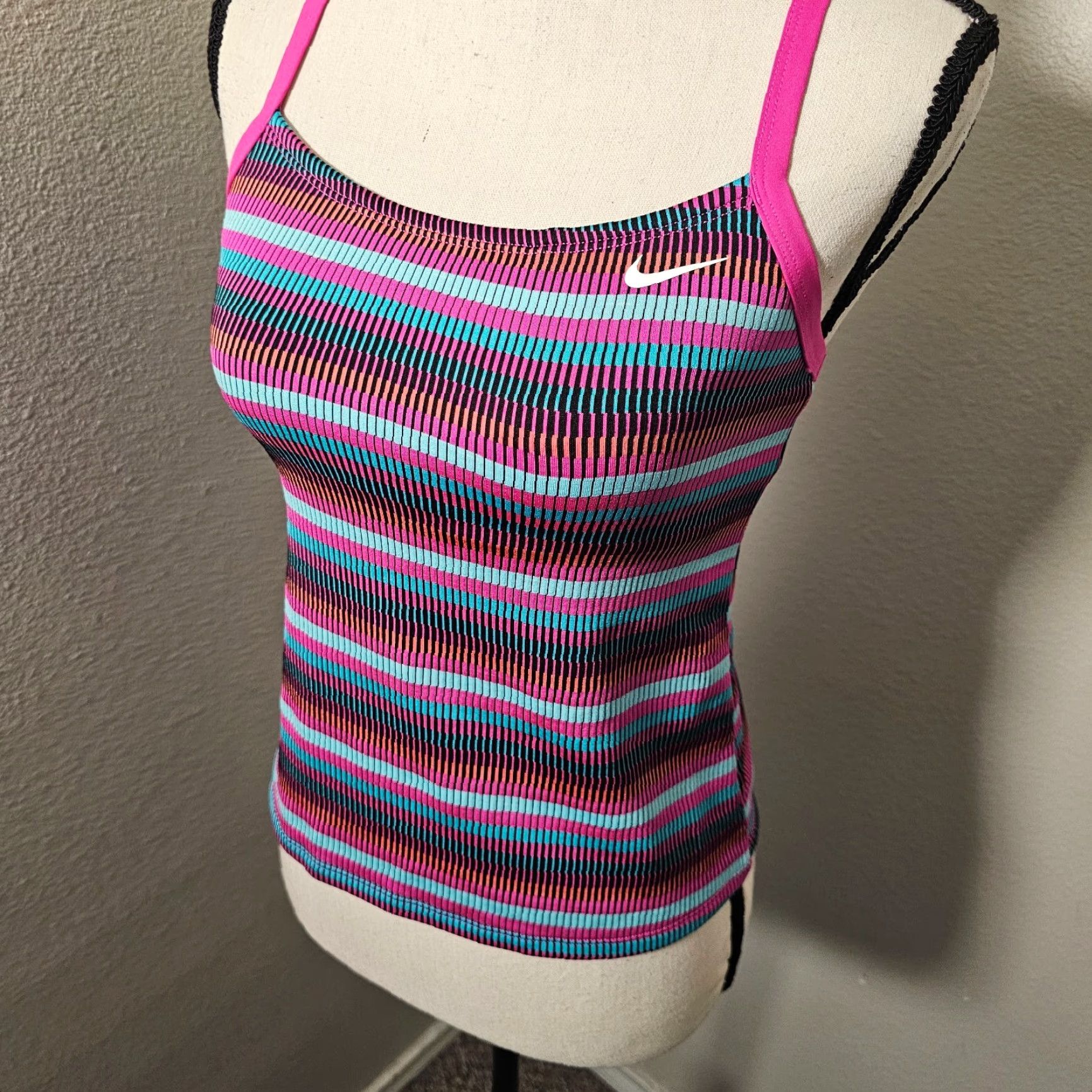 Nike Nike Women's Textured Stripe Racerback Tankini Top Petite Pink Fire/Multicolor S Size S / US 4 / IT 40 - 2 Thumbnail