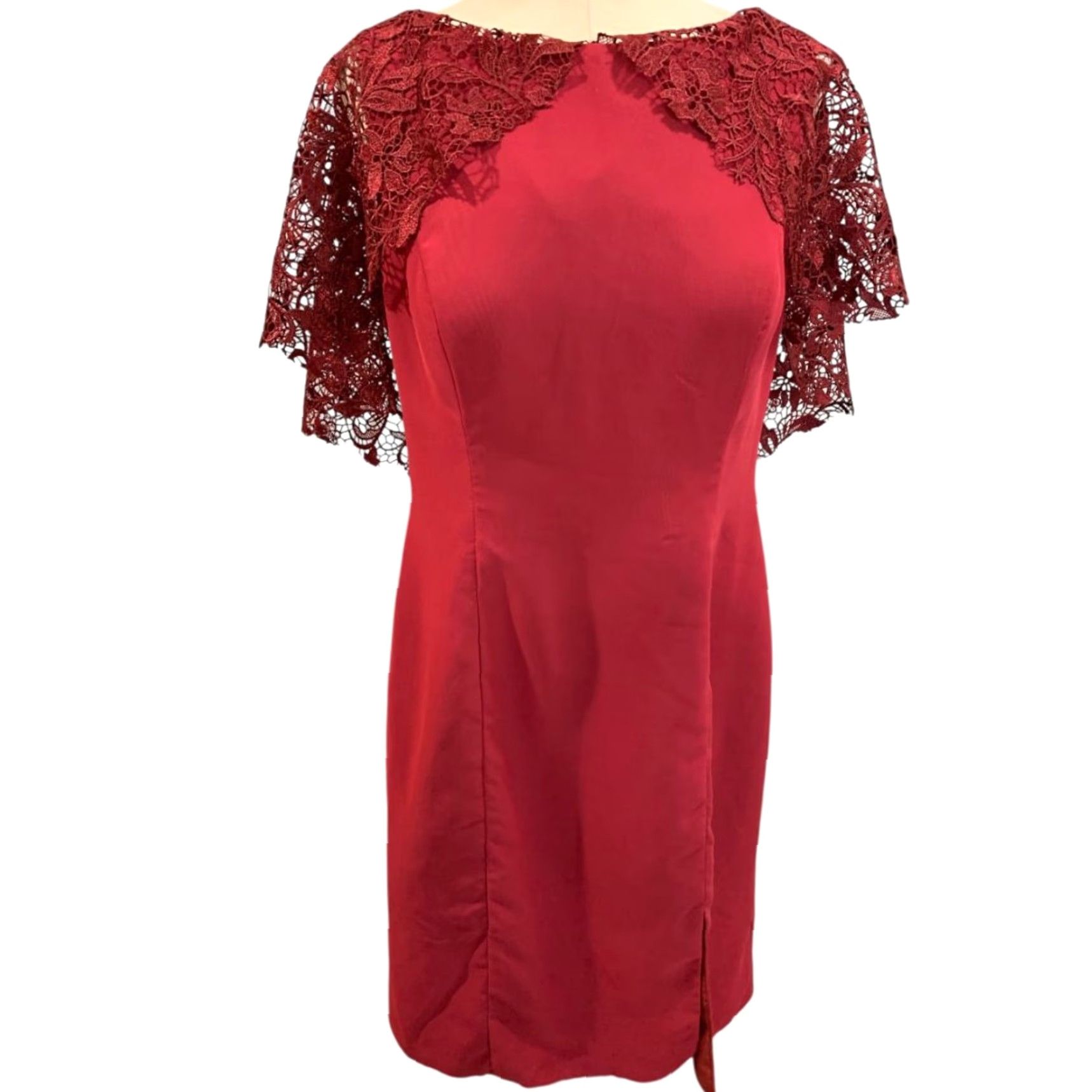 Vintage A.W. Bridal Dress Sheath Size 14 Women Long Burgundy Red Lace Overlay Sleeve Dark Red Wine Burgundy Size XL / US 12-14 / IT 48-50 - 2 Thumbnail