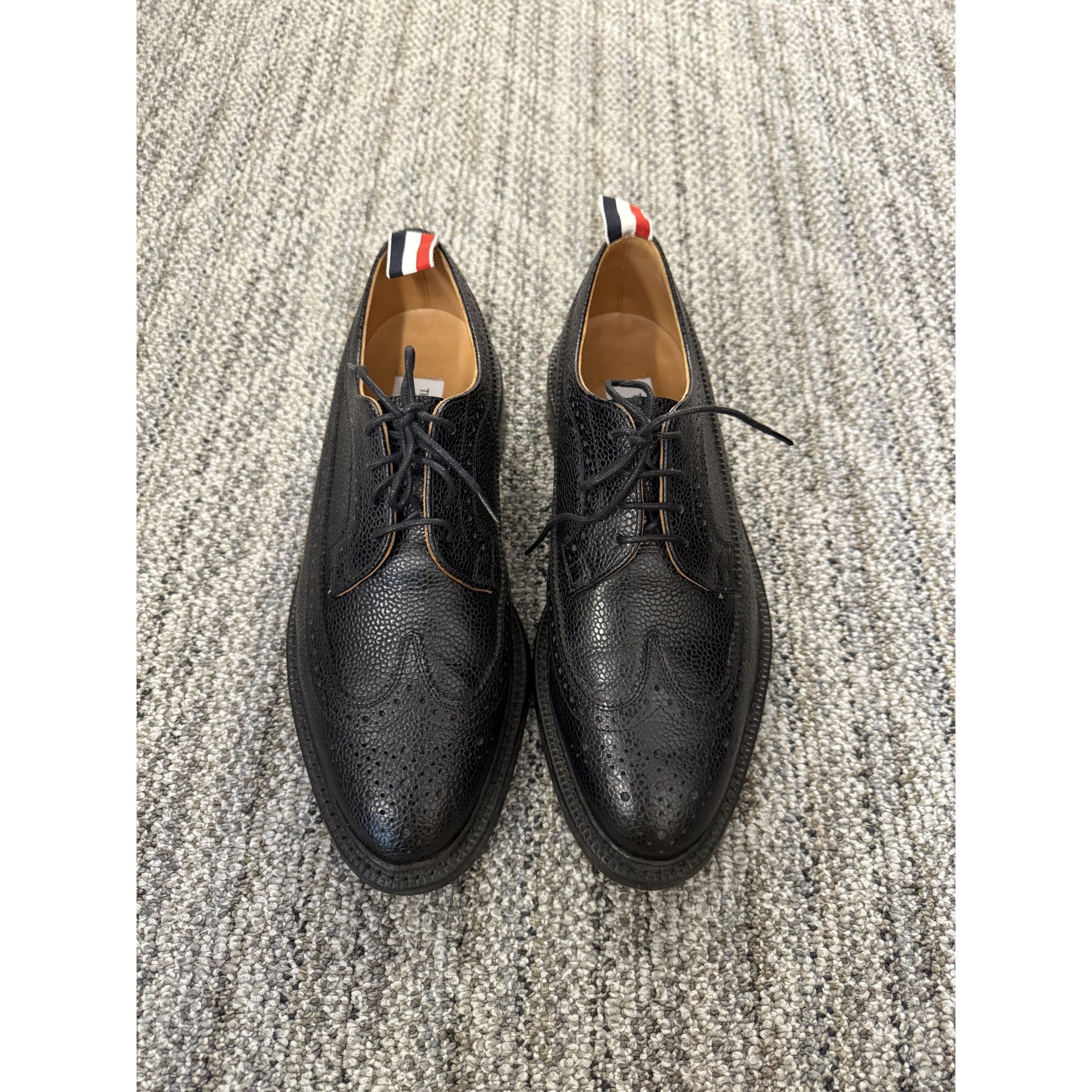 Thom Browne Black Pebbled Leather Wingtip Brogues Made In En Shoes, Men's (Size 8)