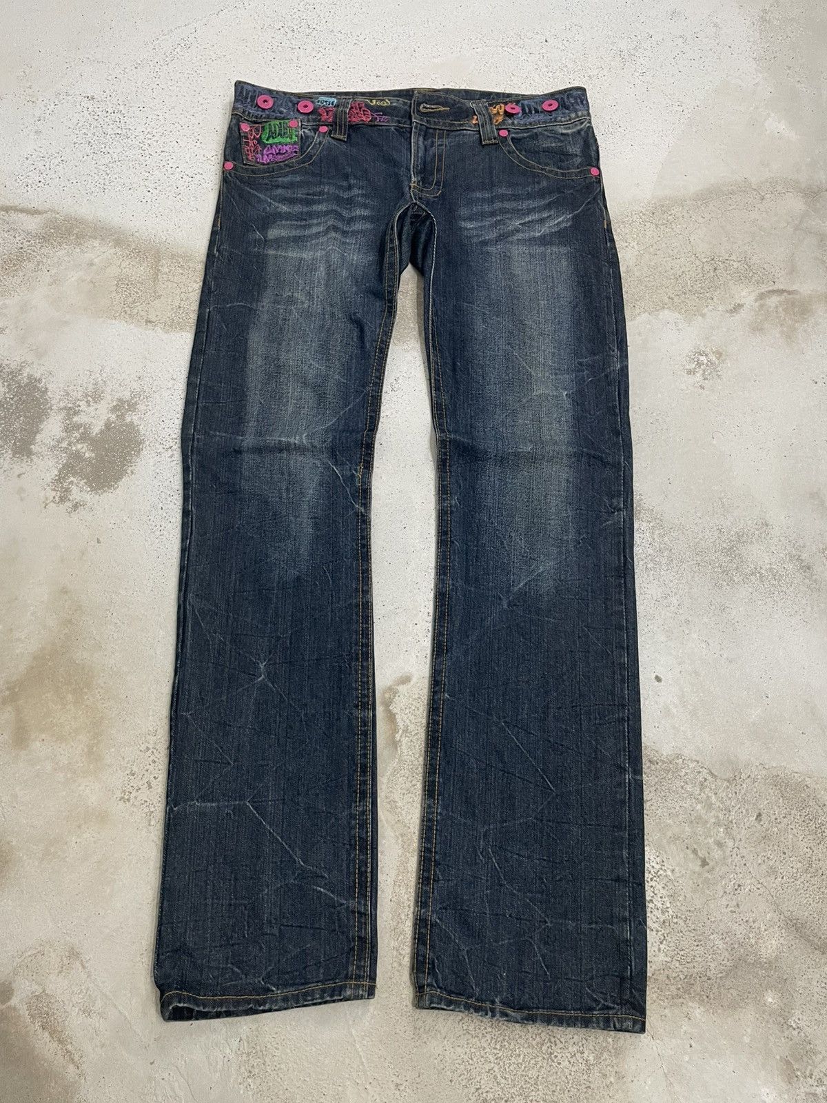Designer × Japanese Brand Y2K Graffiti Embroidery Honeycomb Whisker Button Denim Size US 33 - 2 Thumbnail