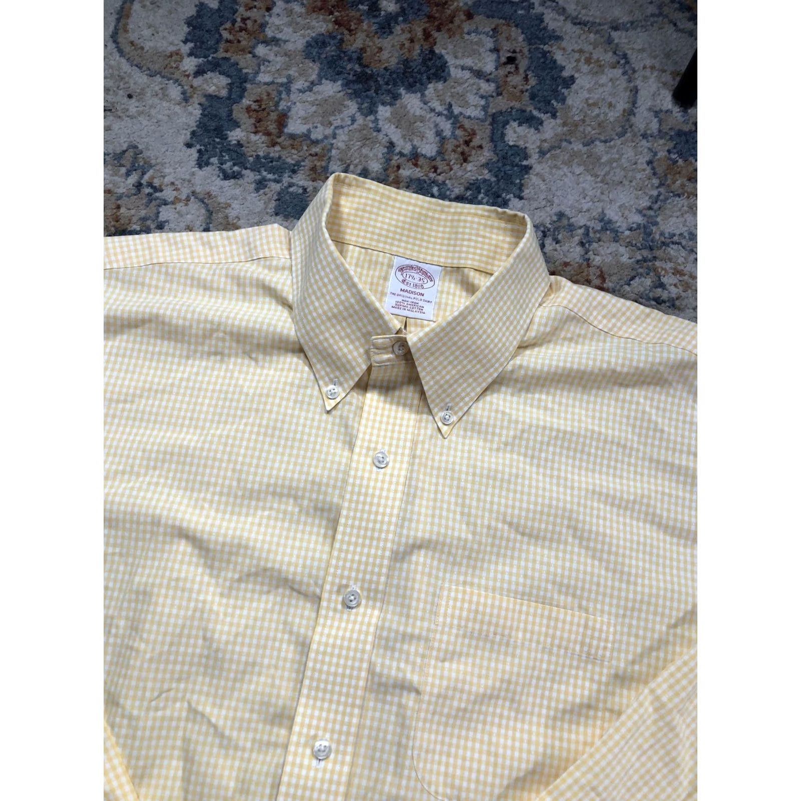 Brooks Brothers Brooks Brothers Madison Shirt Mens 17.5 34/35 Yellow Gingham Non Iron Supima Dress Shirt Button-Down Collar 100% Cotton Size US XXL / EU 58 / 5 - 6 Thumbnail