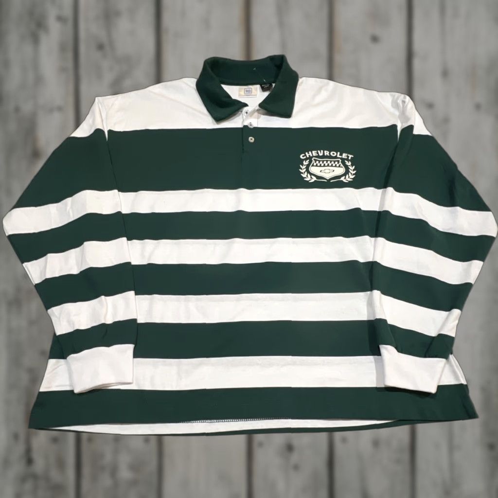 Vintage GM Chevrolet Polo Rugby Shirt Men Large Long Sleeve Green White Striped NWT Size US L / EU 52-54 / 3 - 1 Thumbnail