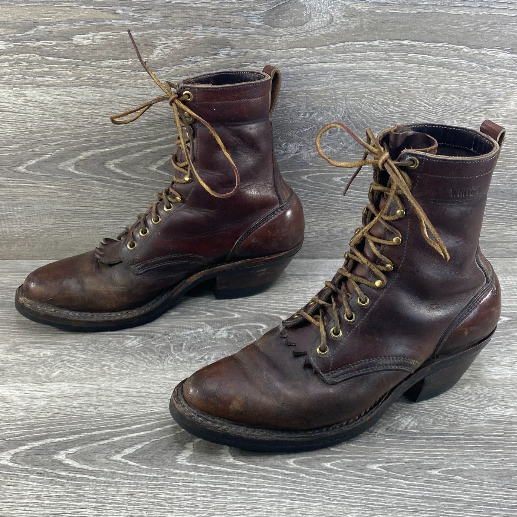 Vintage Whites Handmade Mens 9 D Brown Leather Boots Logger Packer Lace Up Vibram Sole - Workwear Boots Size US 9 / EU 42 - 5 Thumbnail
